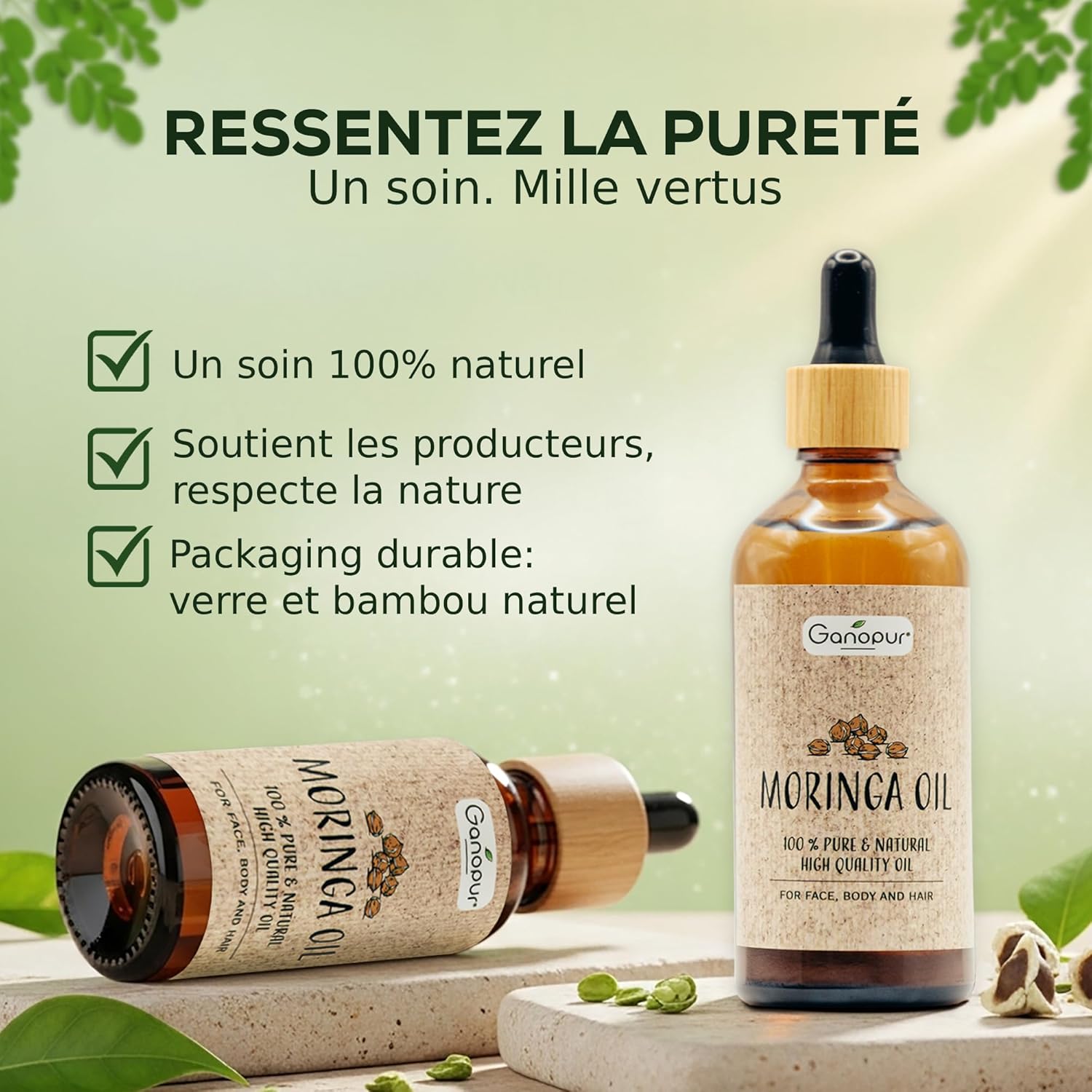 100% Natural Organic Moringa Oil - Face, Body & Hair - Moisturizing, Repairing & Anti-Aging - Pure Seeds - Vitamins A, C & E - 50ml | GANOPUR - Image 8