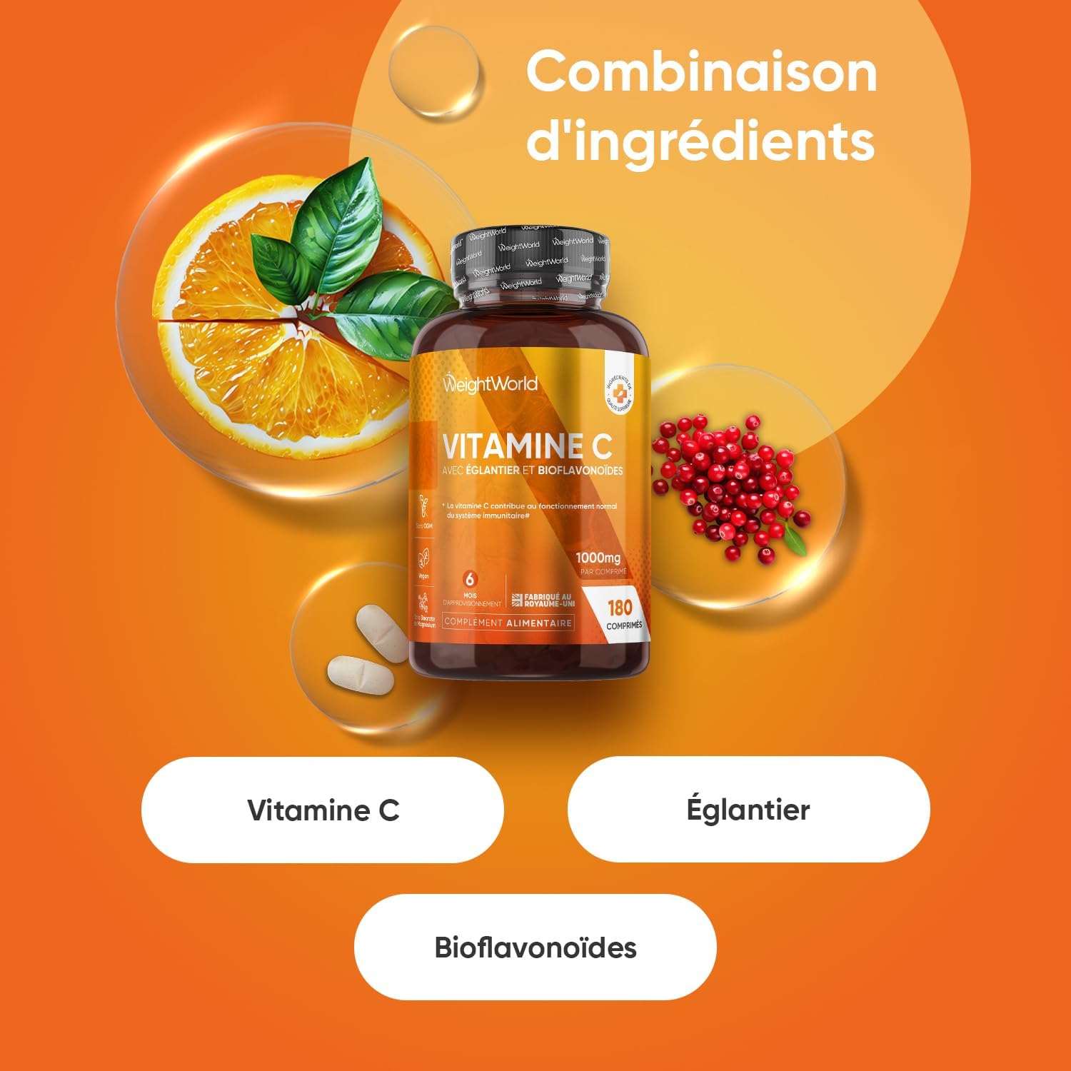 Vitamin C 1000mg With Rosehip and Bioflavonoids, Vit C Ascorbic Acid, Adult Vitamins 180 Vegan Breakable Tablets For 6 Months Supply - Image 3