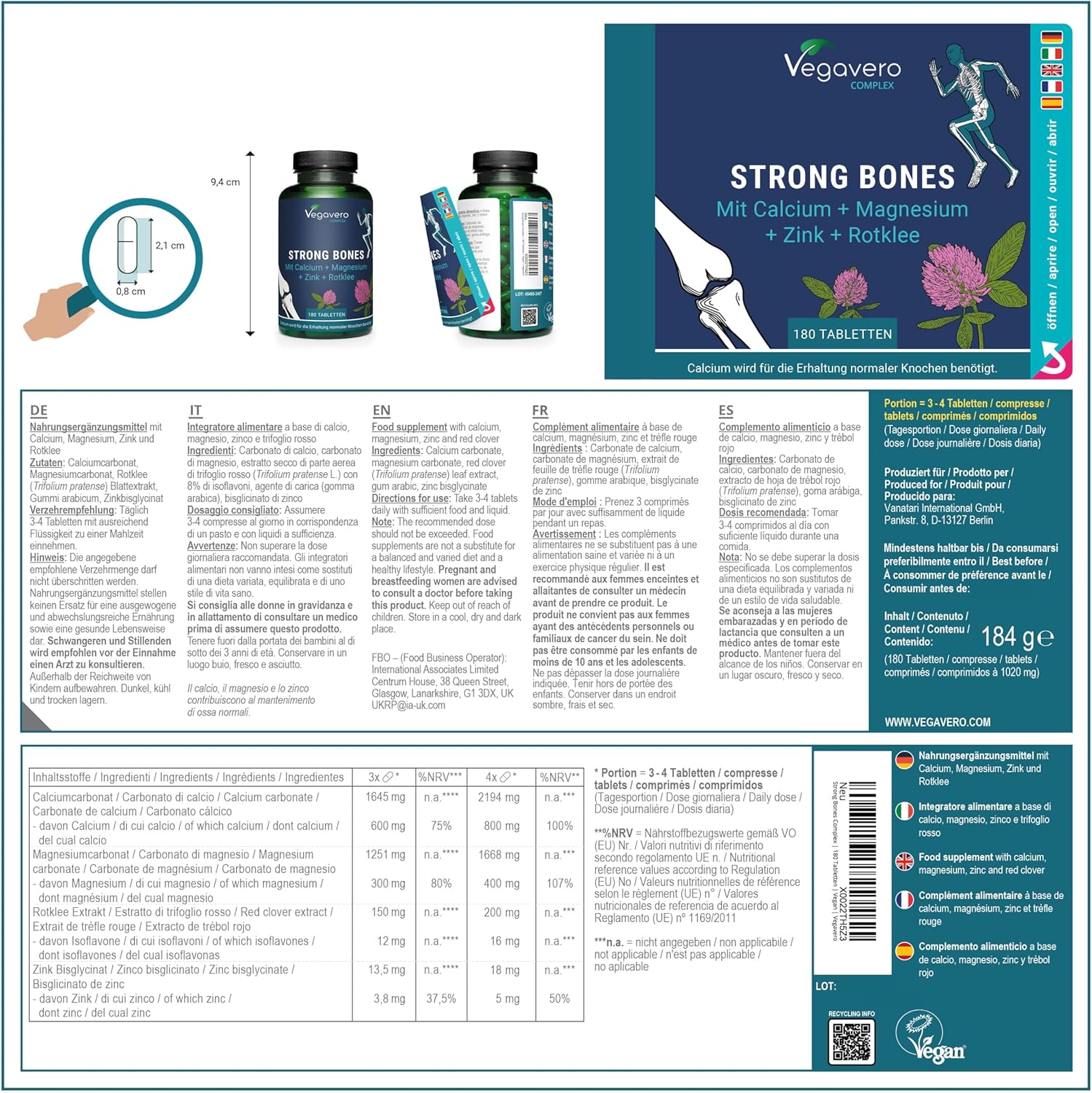 Strong Bones | Calcium Magnesium Zinc | Bone Strengthening | With Red Clover | No Artificial & Vegan Additives | 180 Tablets | Vegavero® - Image 3