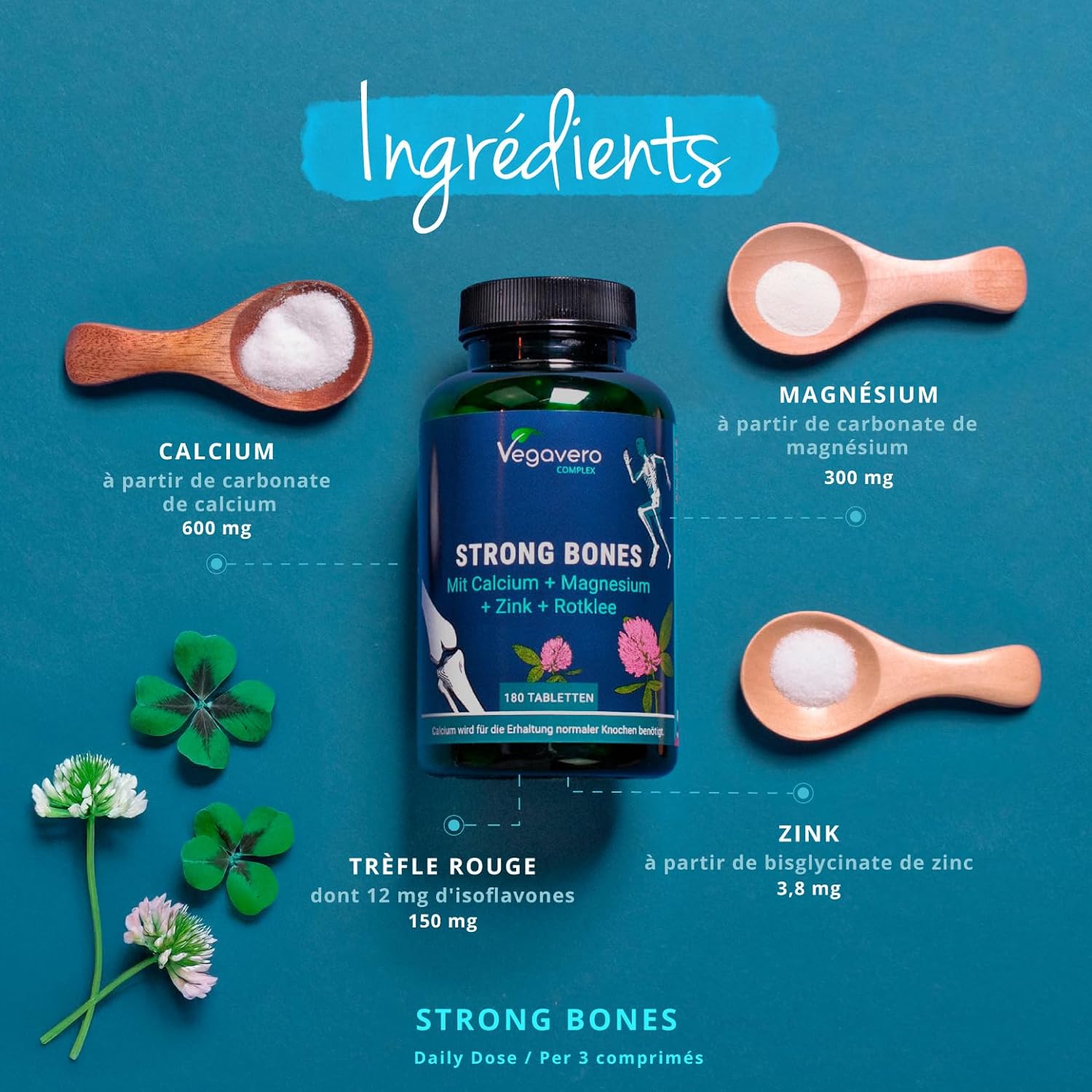 Strong Bones | Calcium Magnesium Zinc | Bone Strengthening | With Red Clover | No Artificial & Vegan Additives | 180 Tablets | Vegavero® - Image 4