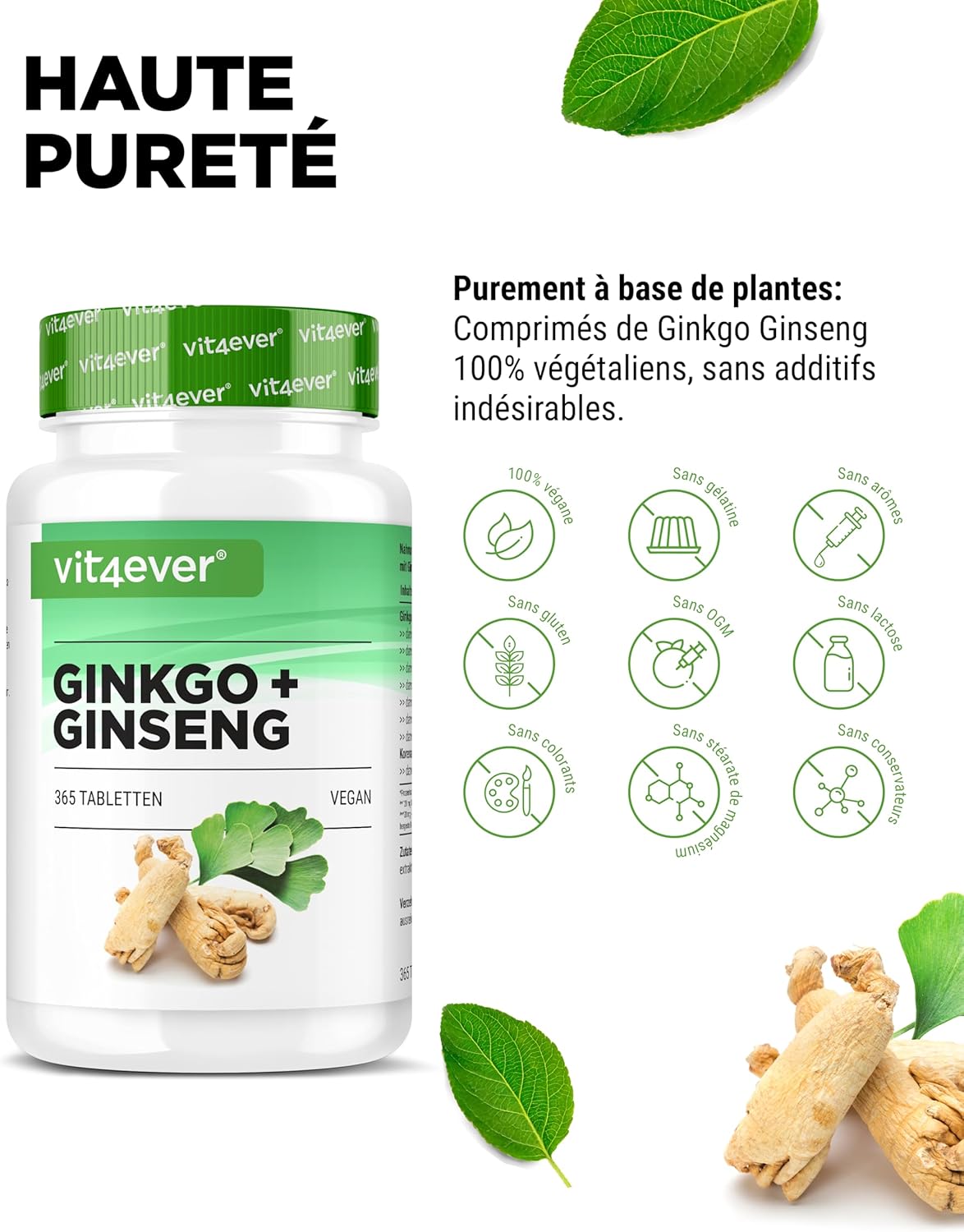 Ginkgo + Ginseng - 365 Tablets - Special Extract - High Dosed - Lab Tested - Ginkgo Biloba + Korean Ginseng - Vegan - Image 4