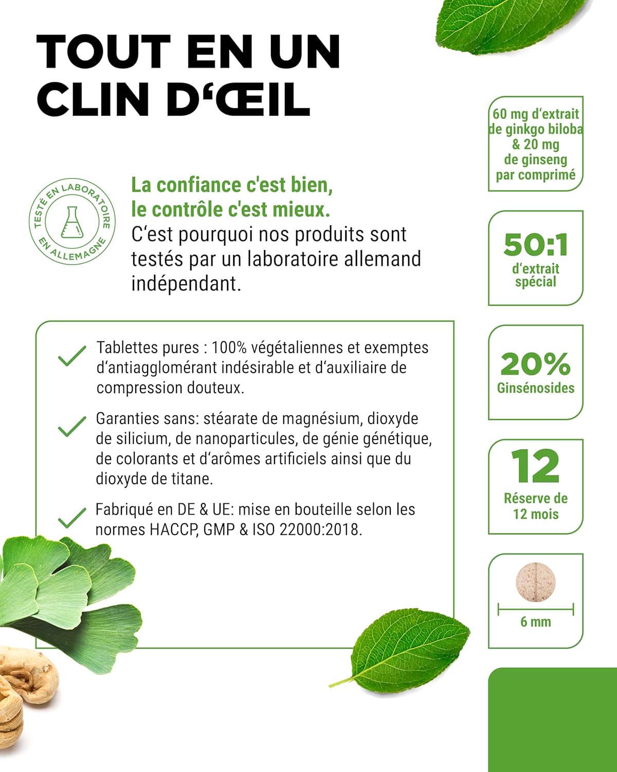 Ginkgo + Ginseng - 365 Tablets - Special Extract - High Dosed - Lab Tested - Ginkgo Biloba + Korean Ginseng - Vegan - Image 5