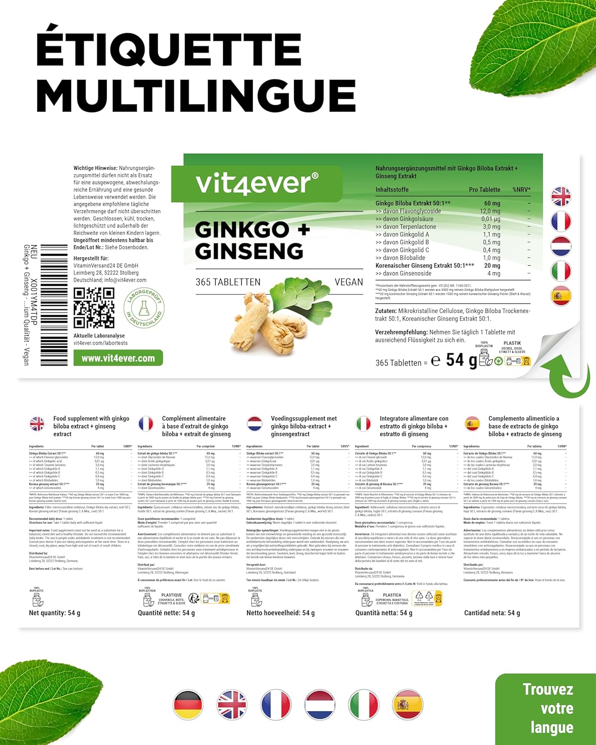 Ginkgo + Ginseng - 365 Tablets - Special Extract - High Dosed - Lab Tested - Ginkgo Biloba + Korean Ginseng - Vegan - Image 8