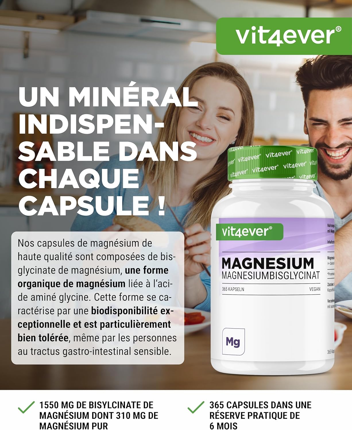 Magnesium Bisglycinate - 365 Capsules - Premium: Chelated Magnesium - 155mg Elemental Magnesium Per Capsule - Vegan - High Dose Formula - Image 3