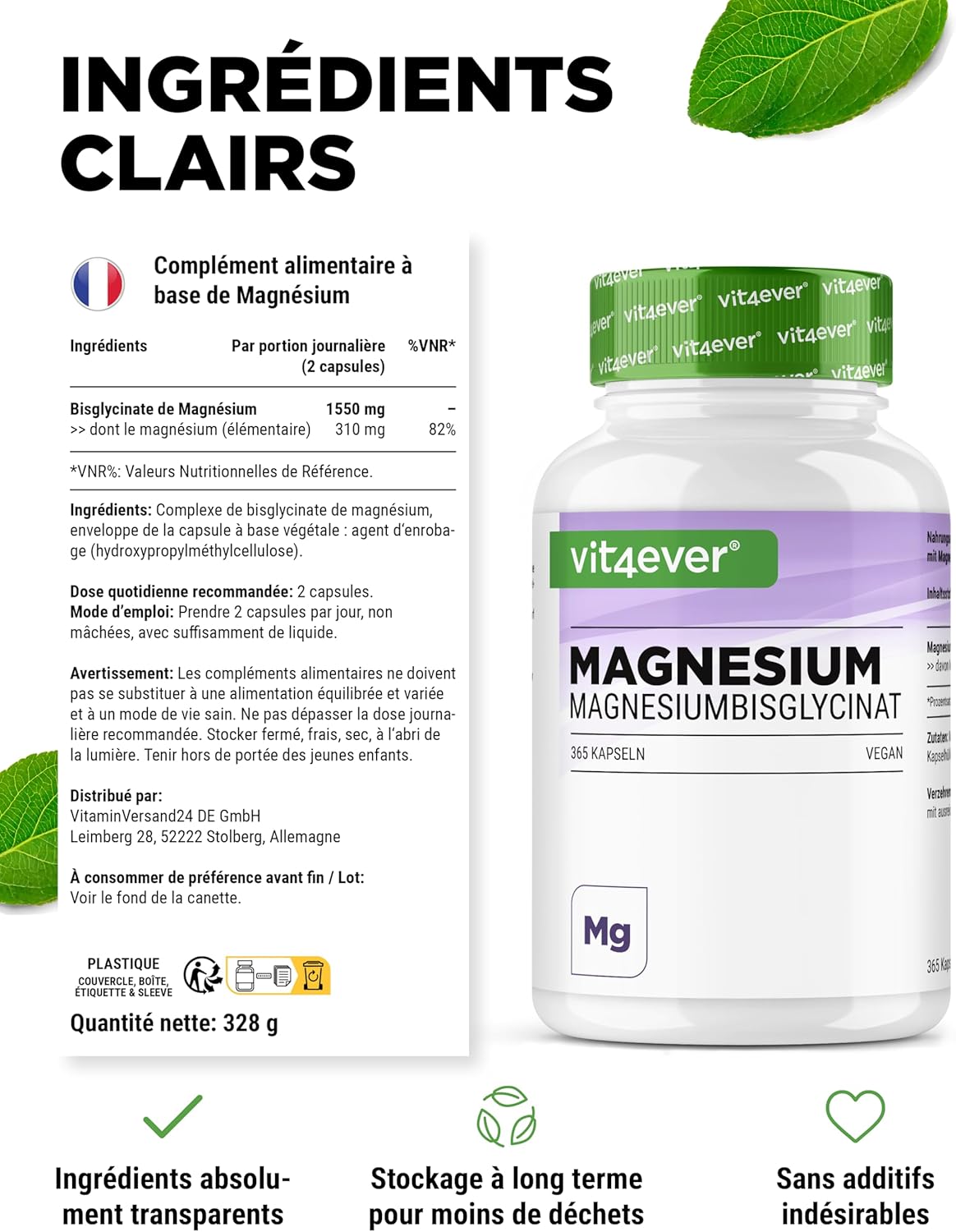 Magnesium Bisglycinate - 365 Capsules - Premium: Chelated Magnesium - 155mg Elemental Magnesium Per Capsule - Vegan - High Dose Formula - Image 6