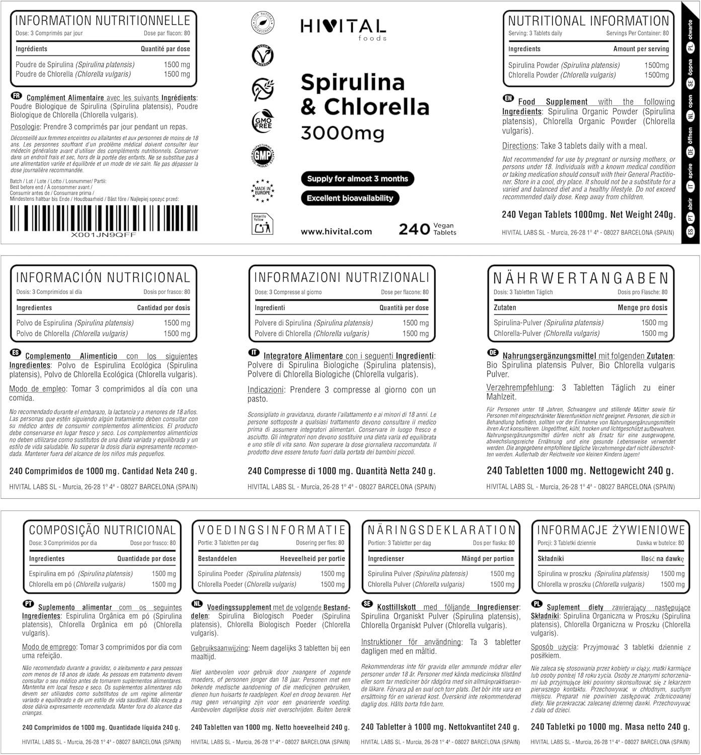Spirulina and Chlorella 3000 mg. 240 vegan tablets for almost 3 months of treatment. Natural proteins from Spirulina and Chlorella algae. Made in Europe by HIVITAL - Image 3