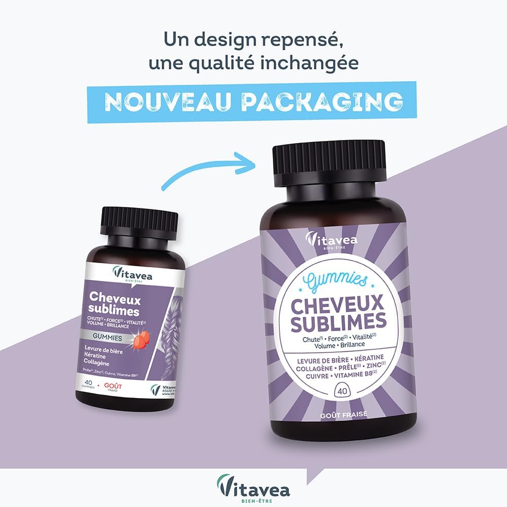 Vitavea Bien-être - Sublime Hair Gummies - Promotes Growth - Biotin - Brewer's Yeast, Keratin, Zinc, Collagen - Anti-Hair Loss, Volume, Shine - 40 Red Fruit Gummies - Image 3