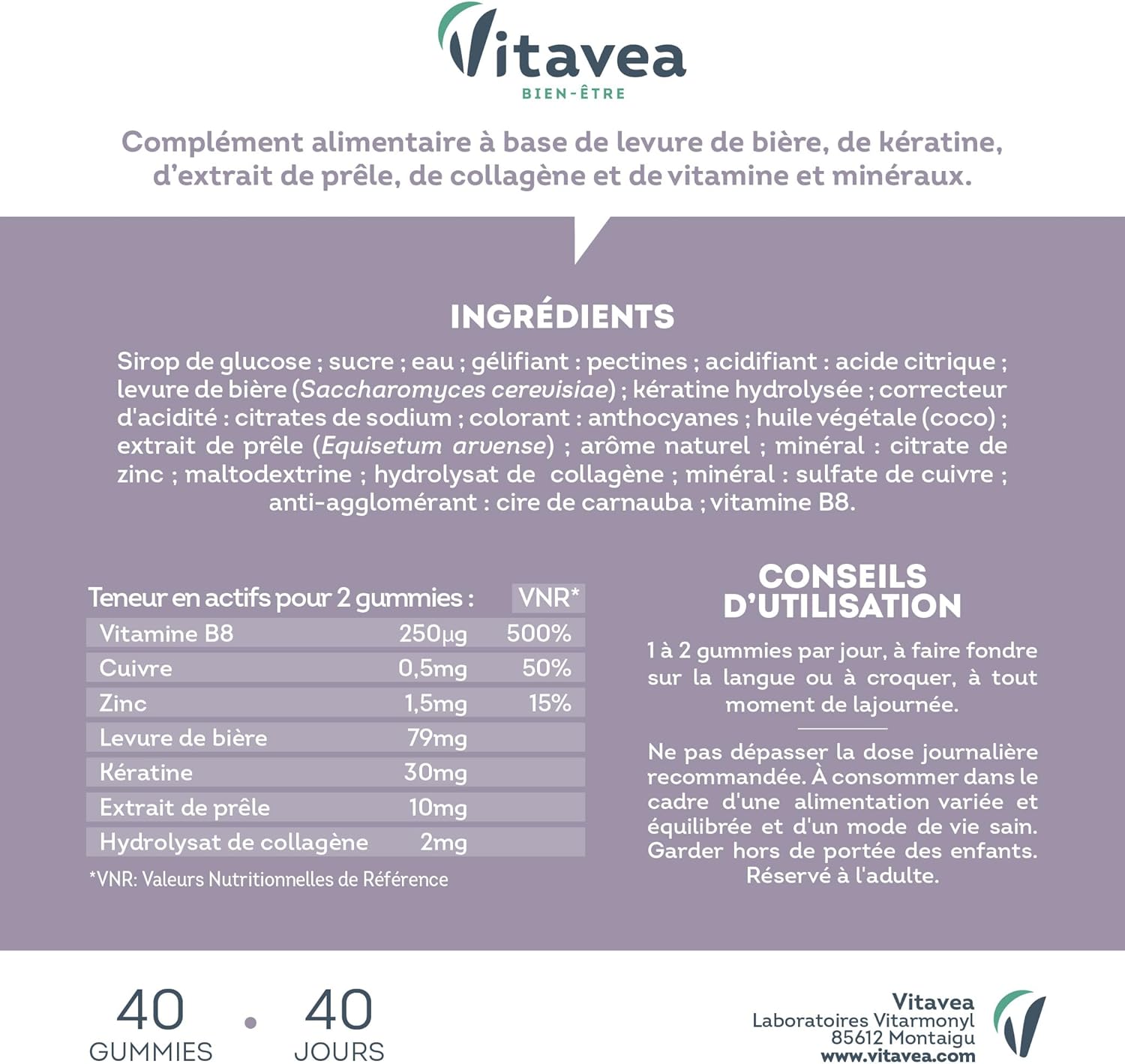 Vitavea Bien-être - Sublime Hair Gummies - Promotes Growth - Biotin - Brewer's Yeast, Keratin, Zinc, Collagen - Anti-Hair Loss, Volume, Shine - 40 Red Fruit Gummies - Image 9