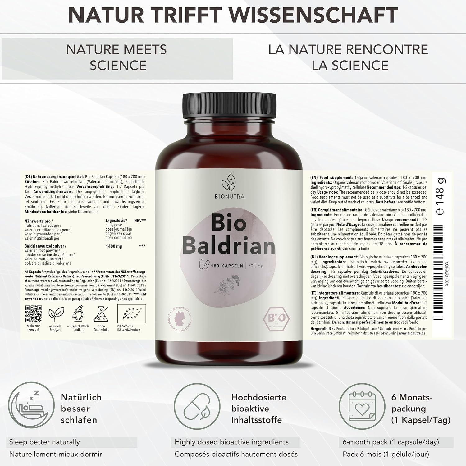 BIONUTRA Valerian Capsules 1400 mg/day, Residue Controlled, Made in Germany, Vegan, Free from Lactose, Gluten and Additives, Organic Valerian Root, 180 pieces x 700 mg - Image 3