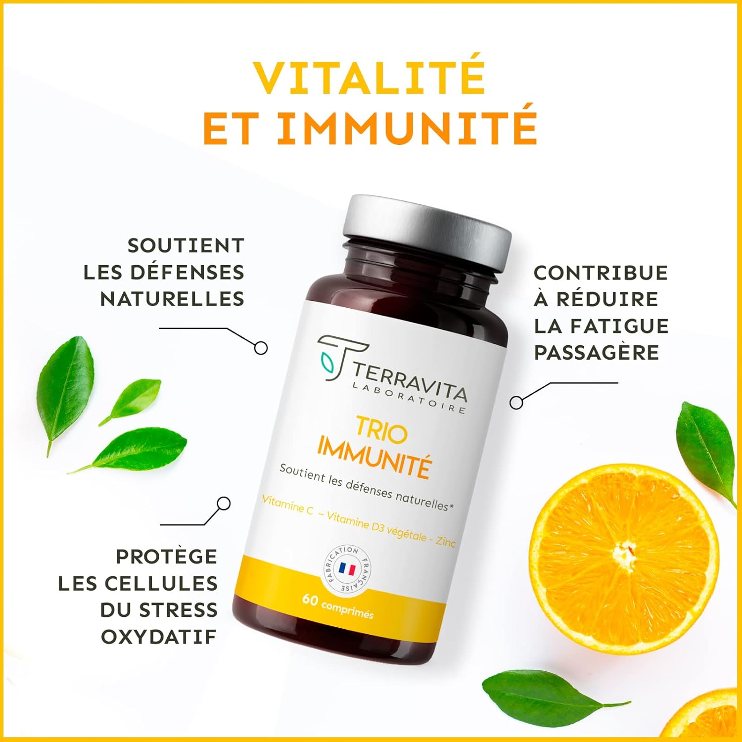TRIO Immunity | Vitamin D3 + Vitamin C + Zinc Bisglycinate | 3 in 1 Ultra Complete Formula | Immunity, Energy and Tonus | 2 Month Cure | Made in France Terravita - Image 4