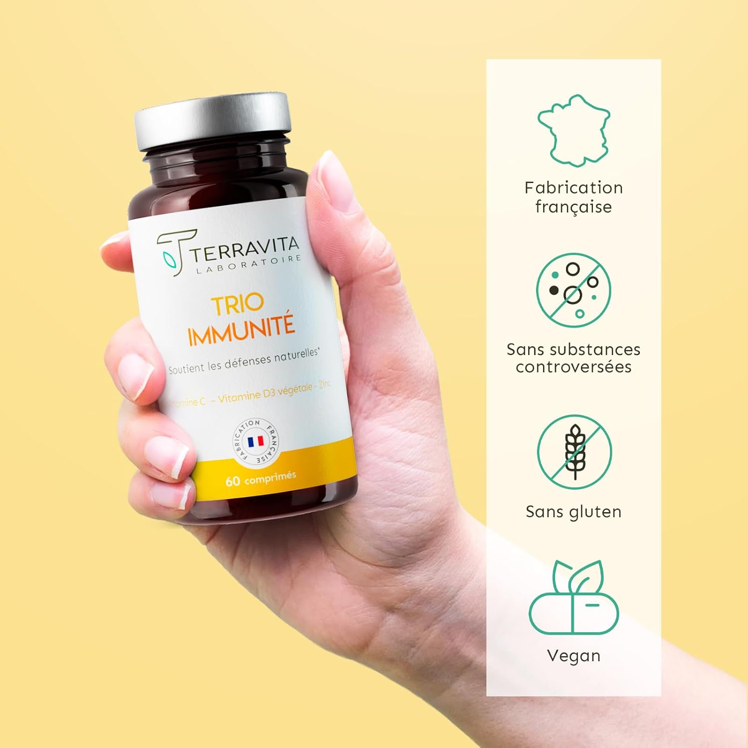 TRIO Immunity | Vitamin D3 + Vitamin C + Zinc Bisglycinate | 3 in 1 Ultra Complete Formula | Immunity, Energy and Tonus | 2 Month Cure | Made in France Terravita - Image 5