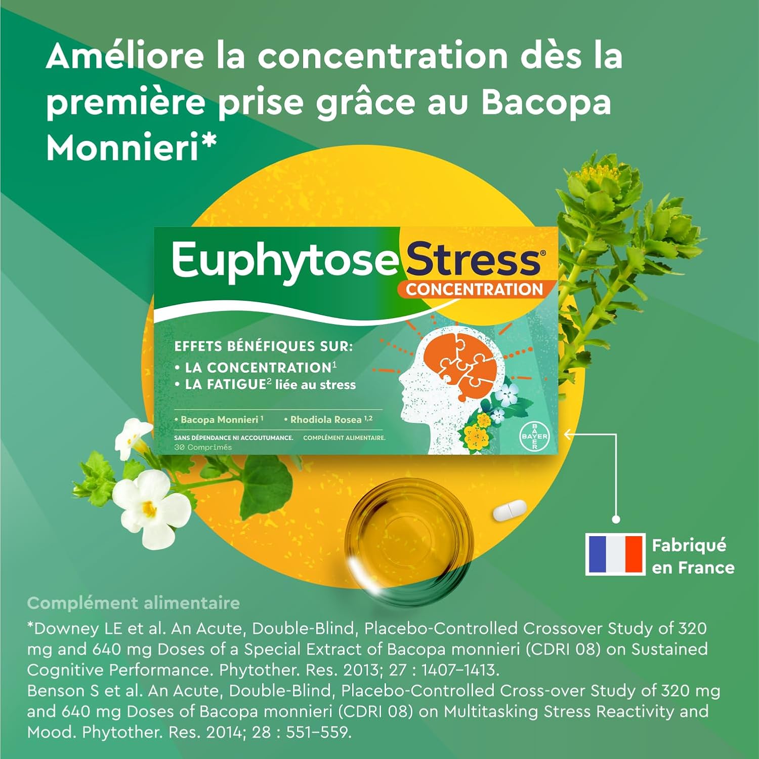 Euphytose Stress Concentration - Dietary Supplement - Bacopa Monnieri - Rhodiola Rosea - Adaptogenic Plants - Stress, Difficulty Concentration - 3 Months - 3 x 30 Tablets - Made in France - Image 3