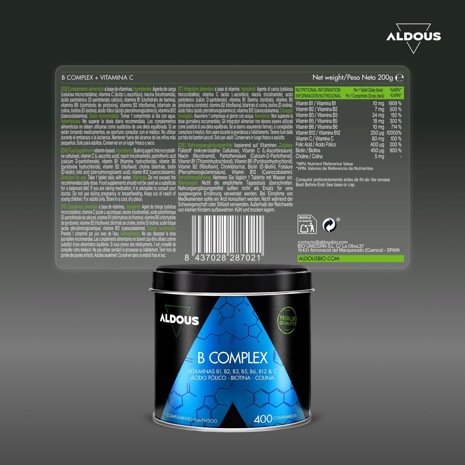 ALDOUS Vitamin B Complex + Vitamin C – 400 Tablets for Over 1 Year – Multivitamins – Vitamin B Complex with Vitamin B12, B1, B2, B3, B5, B6, Folic Acid, Biotin and Choline - Image 7