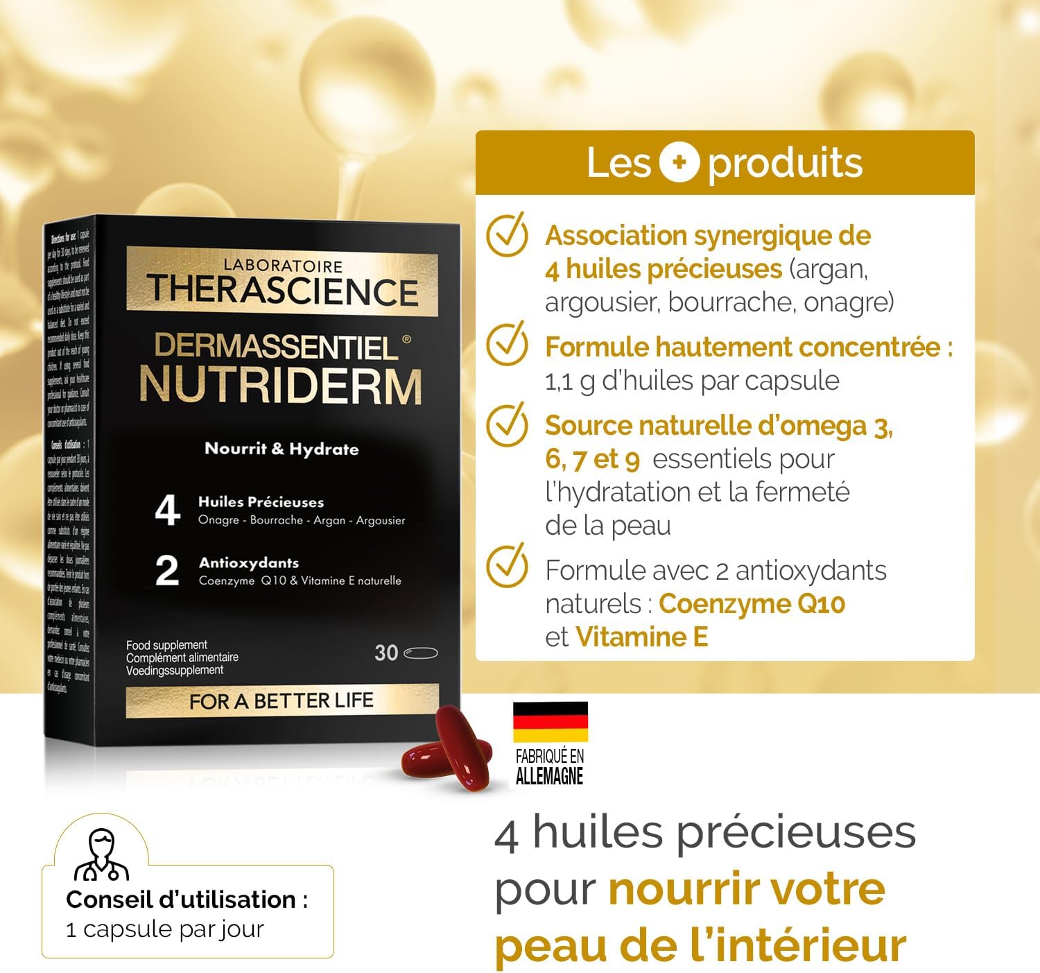 DERMASSENTIEL NUTRIDERM | Nourishes & Hydrates | Argan Evening Primrose Borage Sea Buckthorn | Highly Concentrated in Omegas 3,6,7,9 | Coenzyme Q10 + Vitamin E Antioxidants | 30 Capsules | Laboratory - Image 3
