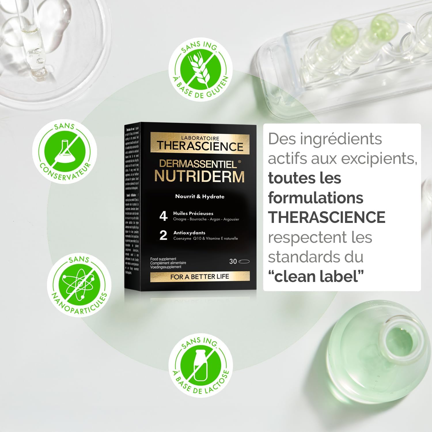 DERMASSENTIEL NUTRIDERM | Nourishes & Hydrates | Argan Evening Primrose Borage Sea Buckthorn | Highly Concentrated in Omegas 3,6,7,9 | Coenzyme Q10 + Vitamin E Antioxidants | 30 Capsules | Laboratory - Image 6