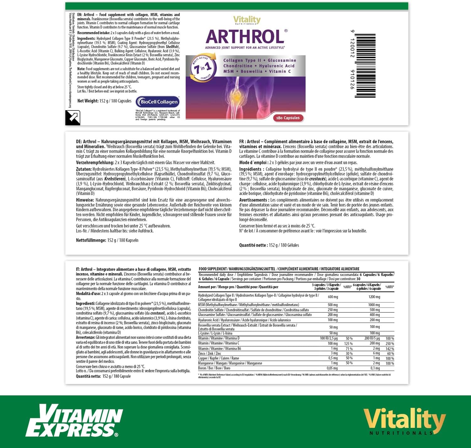 Arthrol High Dose Joint Capsules with MSM, Collagen, Glucosamine, Hyaluron No Additives, 180 Capsules, Joint Pain, Amino Acids Vitality Nutritionals by - Image 5