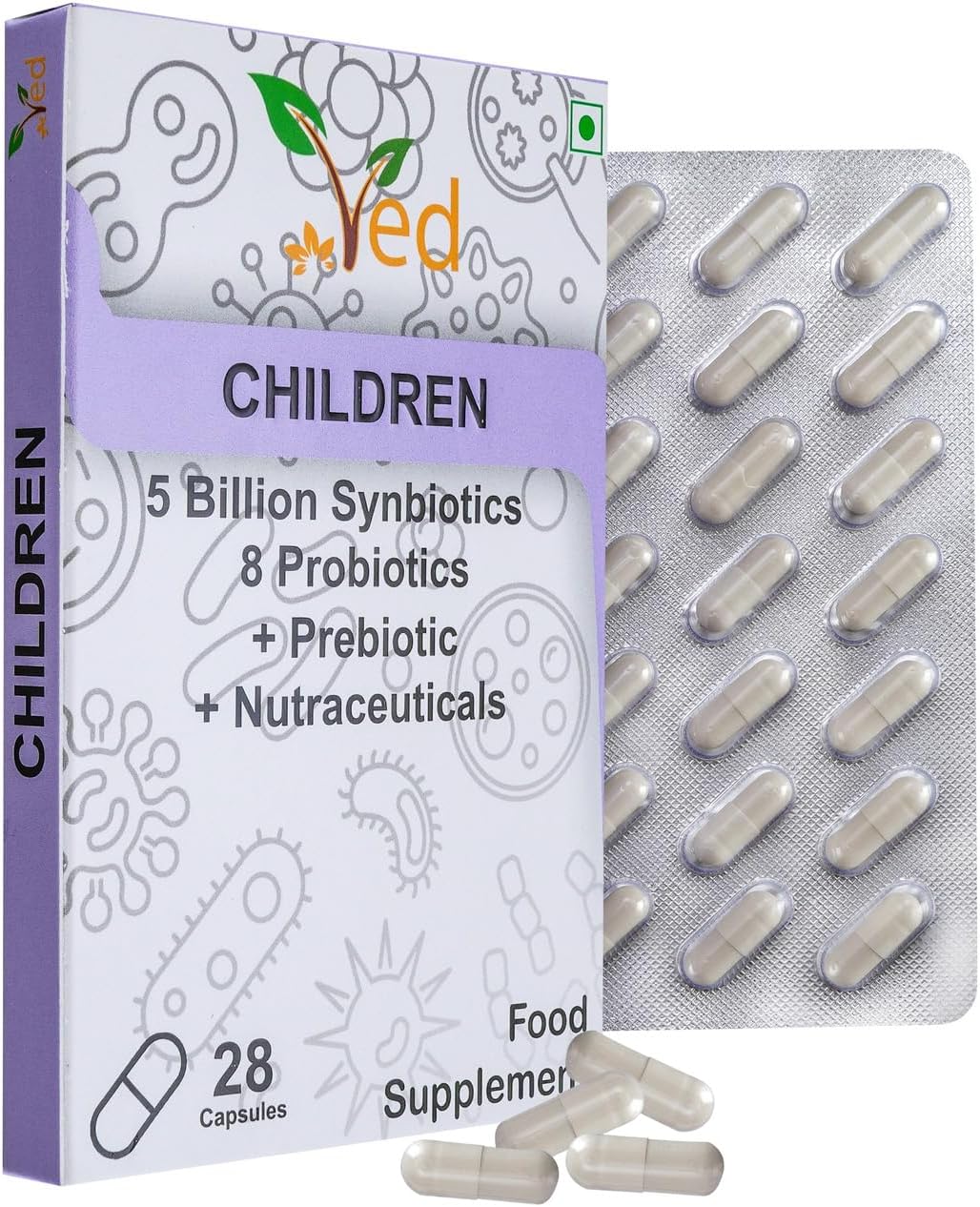 VED Children's Complex Probiotic and Prebiotic Complex - 5 Billion CFU - 28 Probiotic Capsules for Children - Lactobacillus helveticus, Rhamno. 28 Day Supply. - Image 3