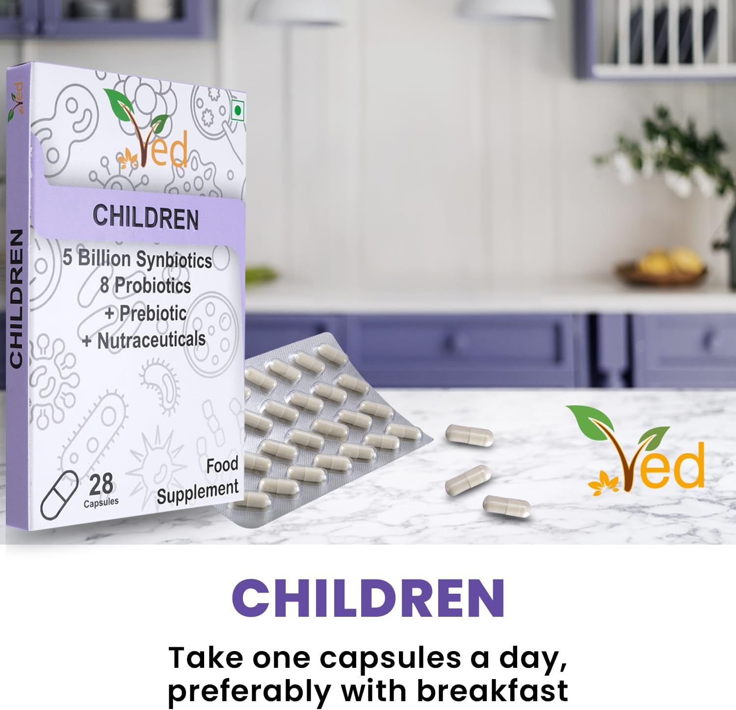 VED Children's Complex Probiotic and Prebiotic Complex - 5 Billion CFU - 28 Probiotic Capsules for Children - Lactobacillus helveticus, Rhamno. 28 Day Supply. - Image 5