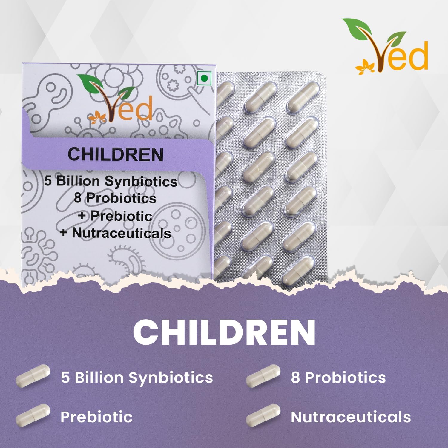 VED Children's Complex Probiotic and Prebiotic Complex - 5 Billion CFU - 28 Probiotic Capsules for Children - Lactobacillus helveticus, Rhamno. 28 Day Supply. - Image 6
