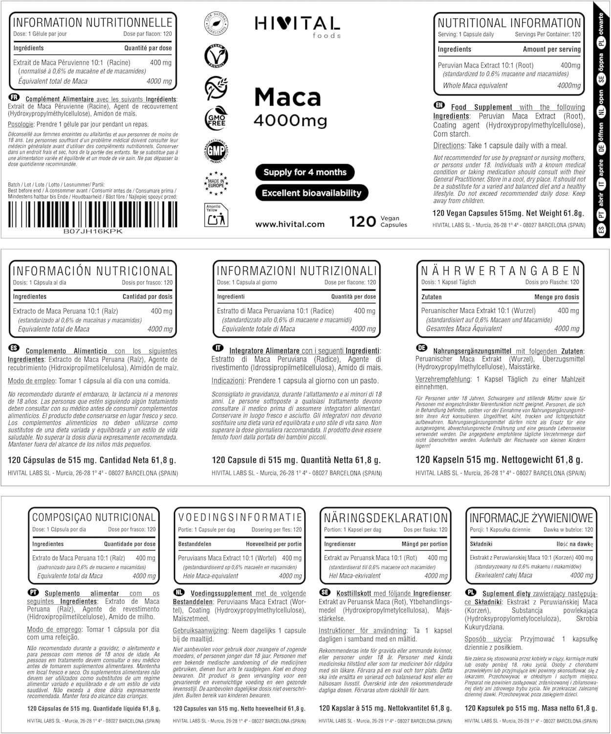 Peruvian Maca Concentrated Extract 4000 mg. 120 vegetable capsules for 4 months of treatment. Concentrated extract 10:1 with 400 mg of Maca root. Made in Europe by HIVITAL - Image 3
