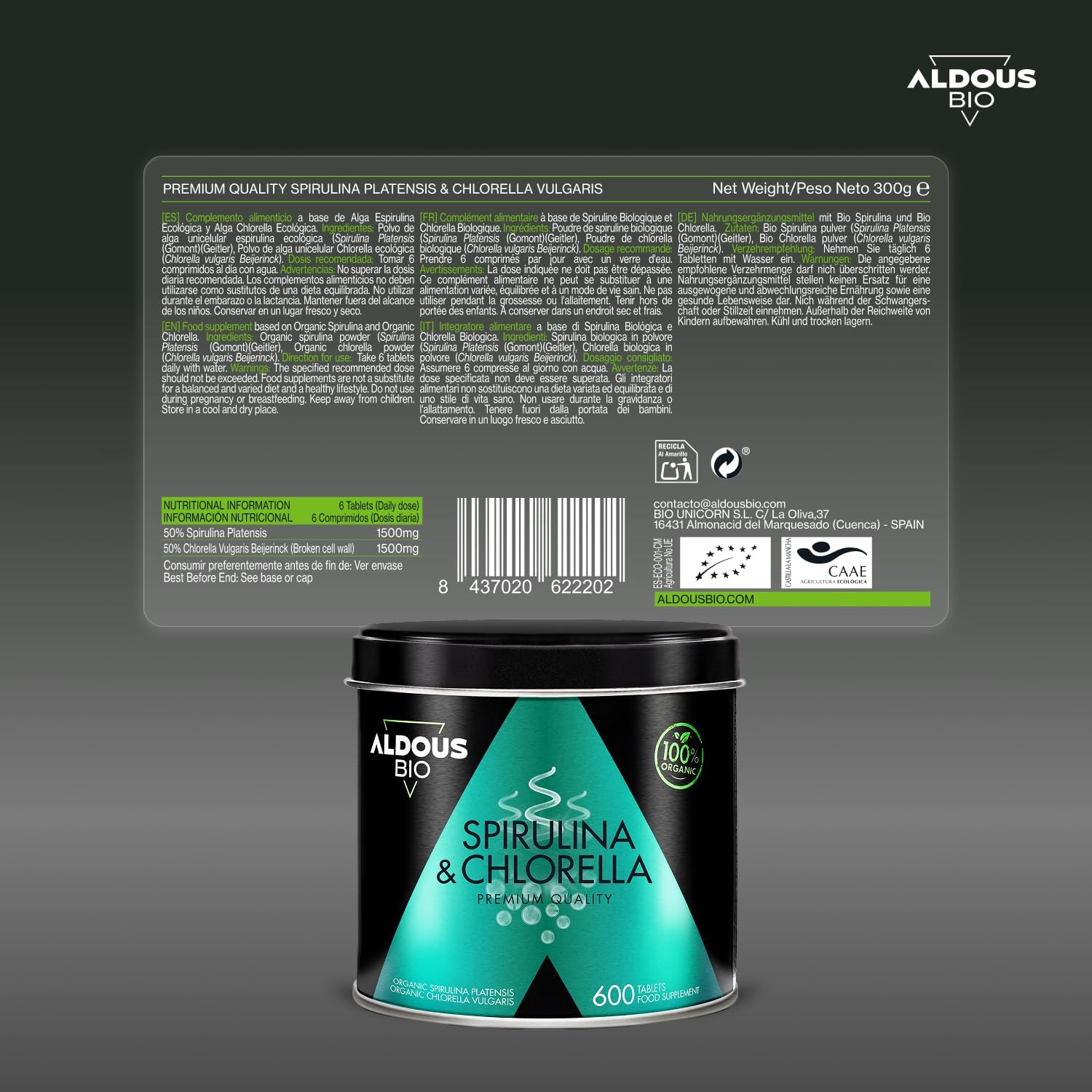 Chlorella + Spirulina Tablets - 600 Tablets - 3000mg per Daily Dose - Anti Fatigue & Adult Immunity - Phycocyanin & Proteins - Vegan - Detox - No Additives - Certified Organic - ALDOUS - Image 7