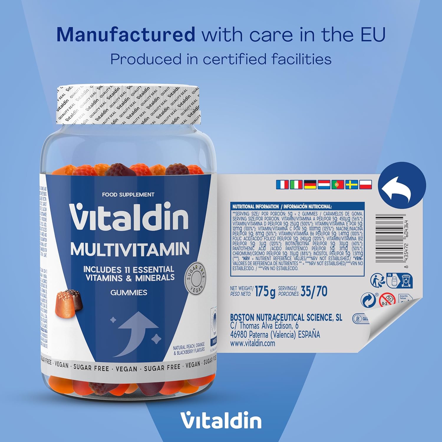 VITALDIN Gummies Adult Multivitamin - Vegan - Sugar Free - with Vitamins A, C, D, E, B6, B12 & Biotin, for Women & Men, 70 Gummies - Peach, Orange & Blackberry Flavour - Image 3