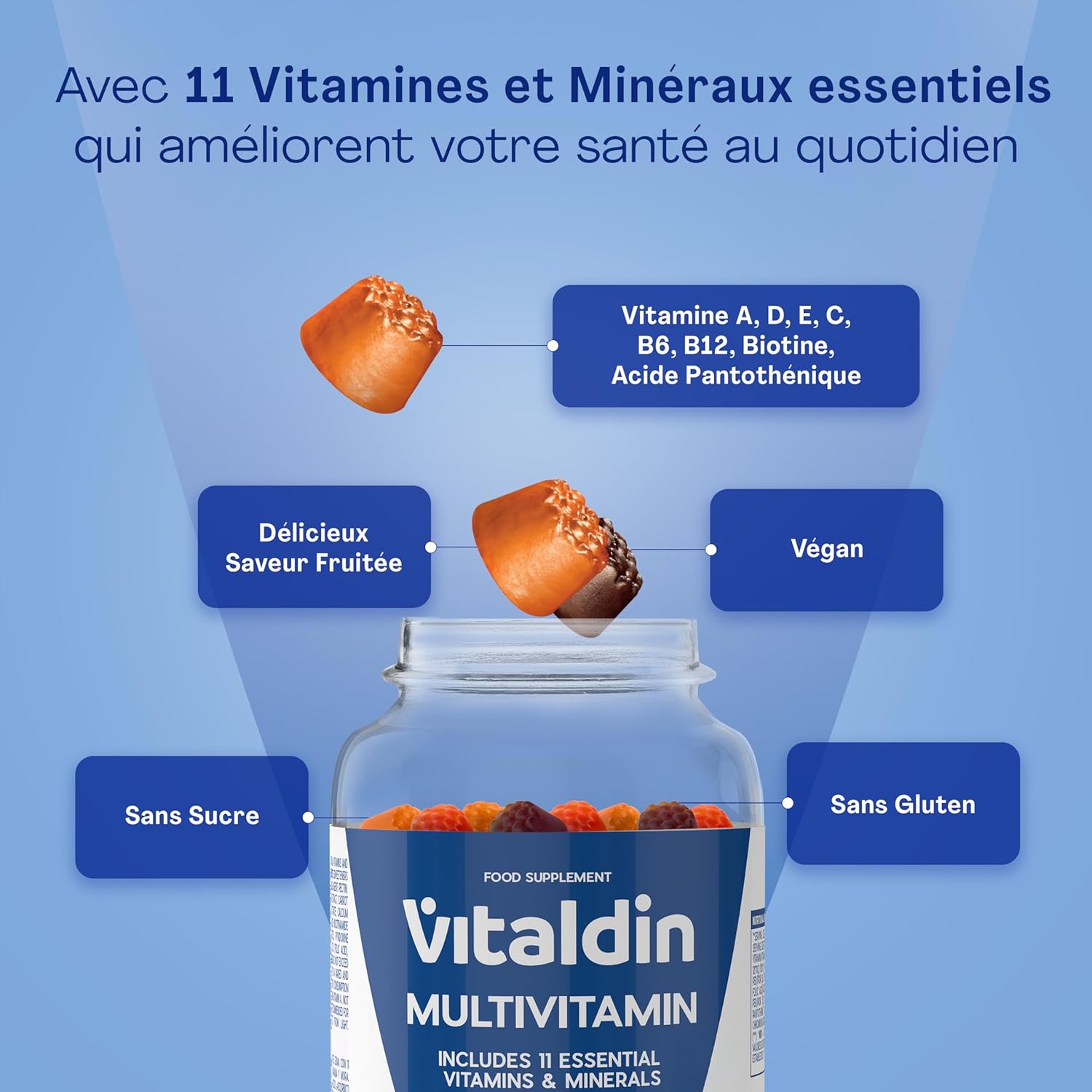 VITALDIN Gummies Adult Multivitamin - Vegan - Sugar Free - with Vitamins A, C, D, E, B6, B12 & Biotin, for Women & Men, 70 Gummies - Peach, Orange & Blackberry Flavour - Image 4