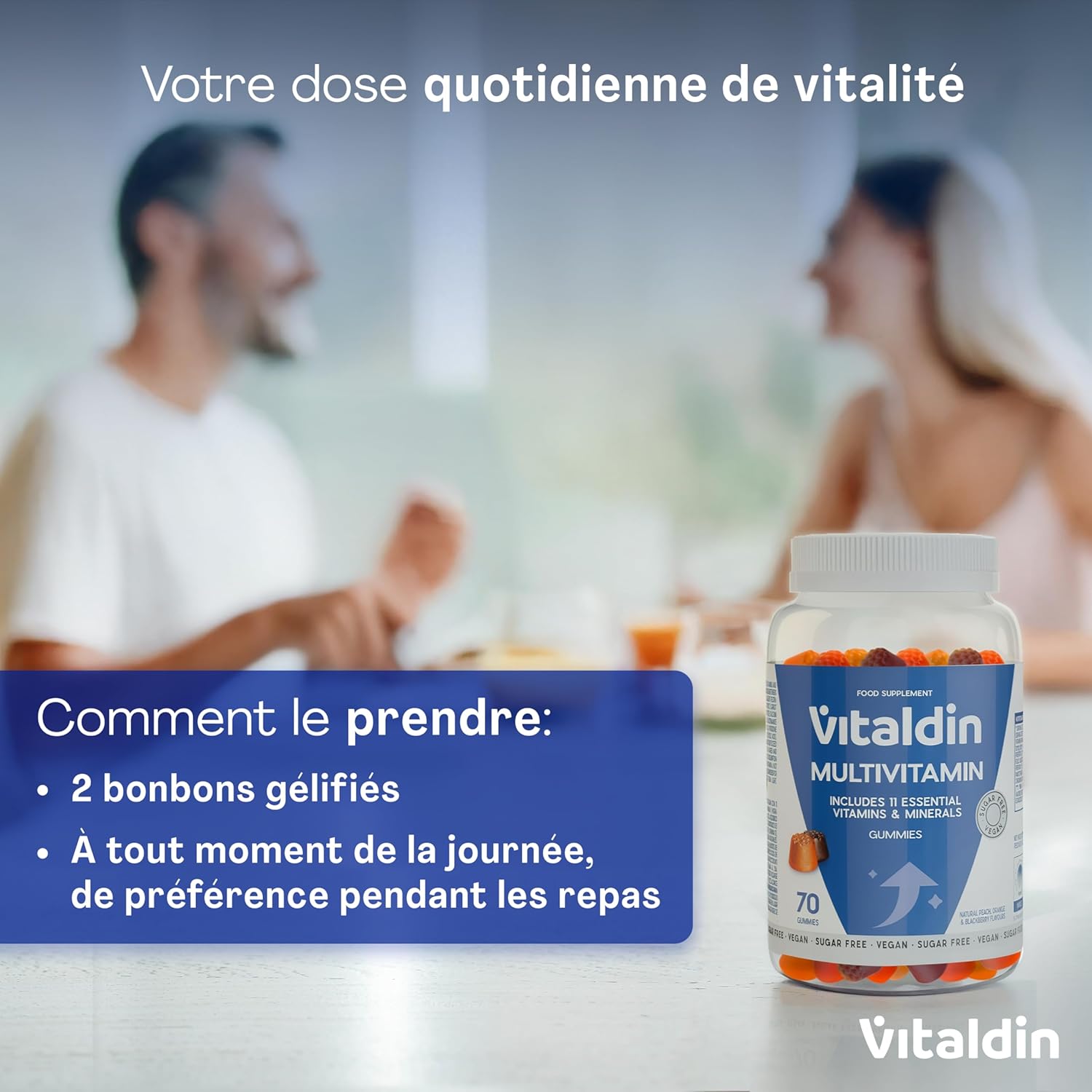 VITALDIN Gummies Adult Multivitamin - Vegan - Sugar Free - with Vitamins A, C, D, E, B6, B12 & Biotin, for Women & Men, 70 Gummies - Peach, Orange & Blackberry Flavour - Image 7