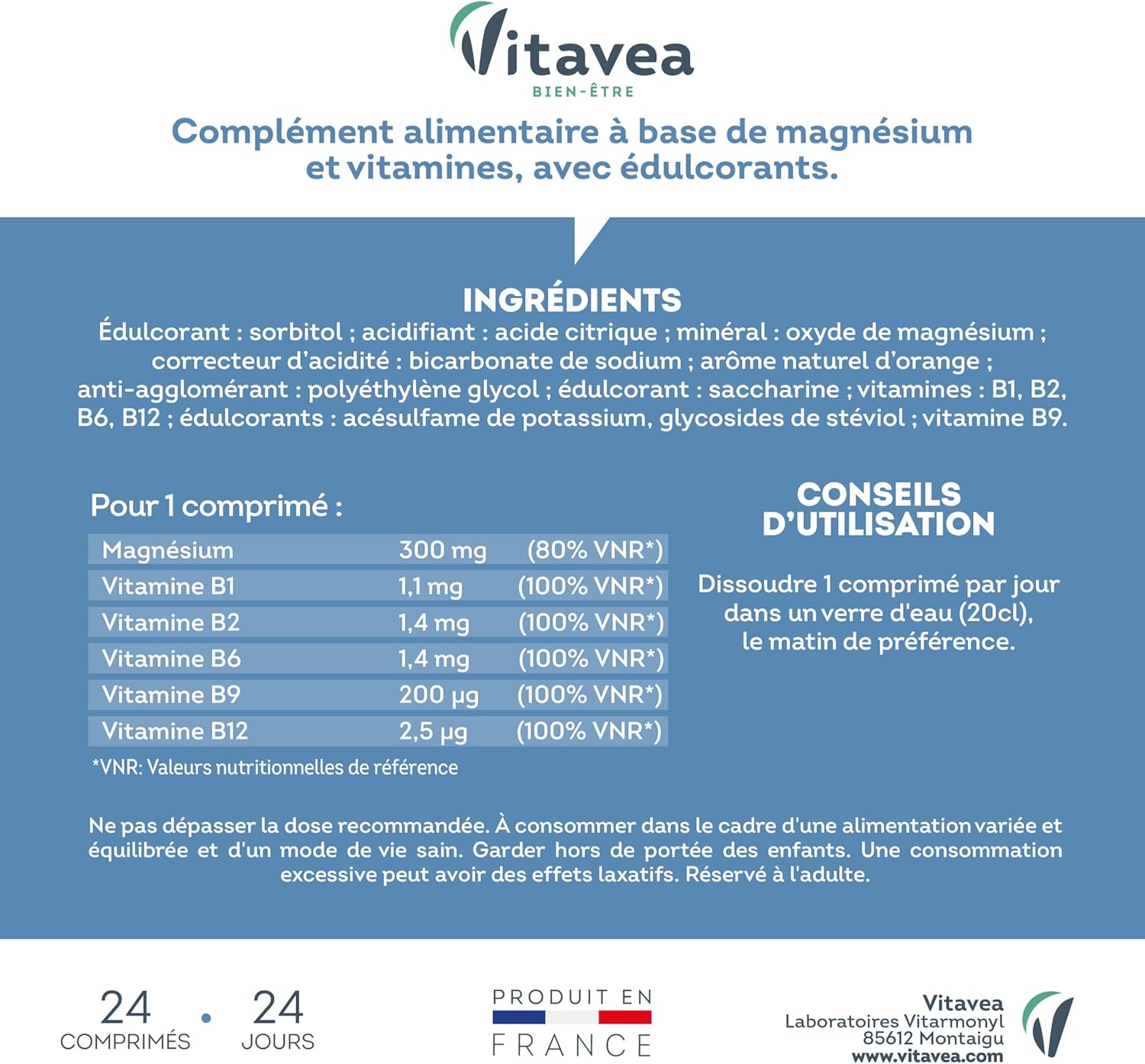 VITAVEA BIEN-ETRE - Magnesium - Vitamins B1. B2. B6. B9. B12 - Reduction of Fatigue - Relaxation and Relaxation - 24 Effervescent Tablets - Made in France - Image 8