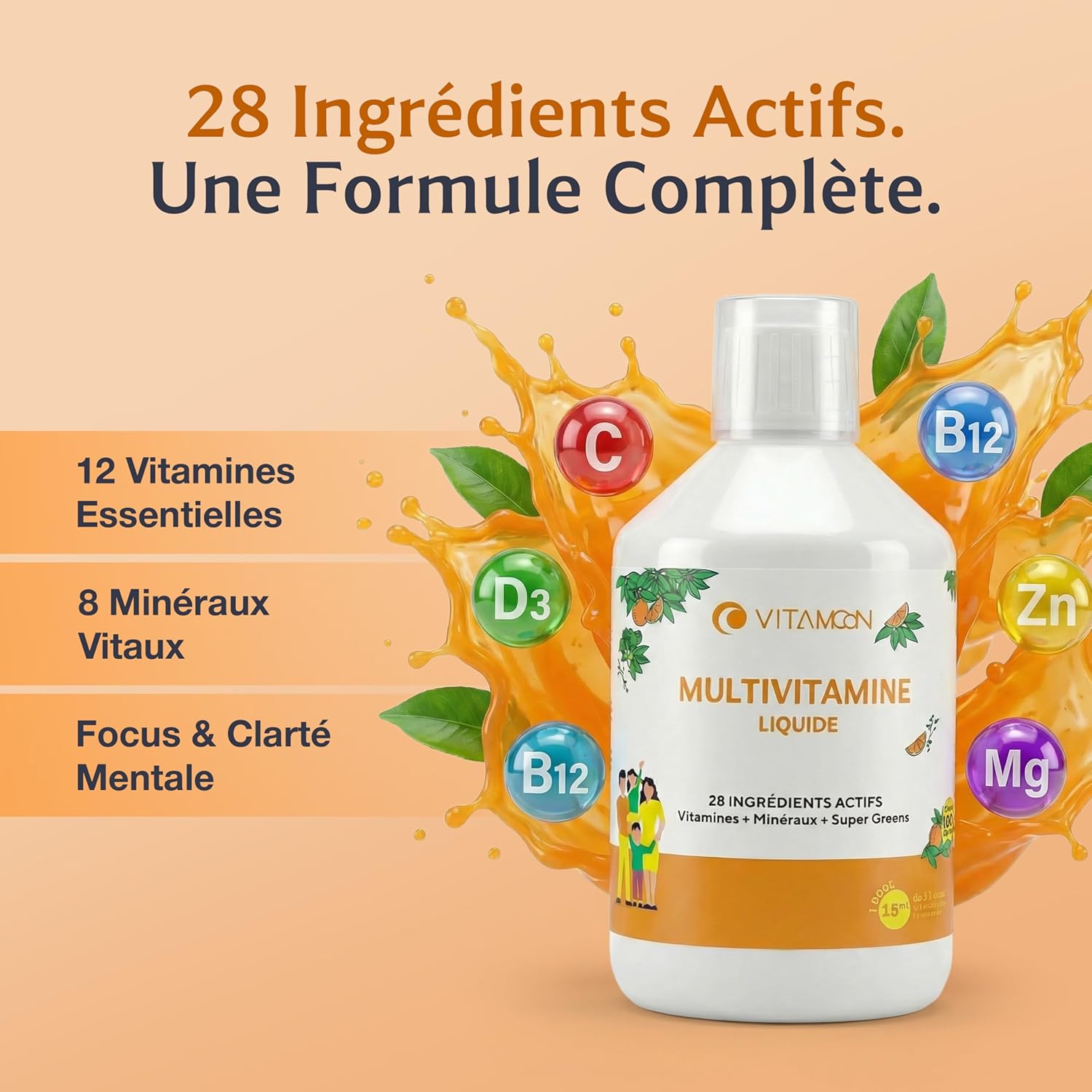 VITAMOON Liquid Multivitamin for the Family (500 ml) - Orange Flavour without Added Sugar, 12 Vitamins & 8 Minerals | Powerful Anti Fatigue, Boost Energy and Immunity (1 Month Cure) - Image 4