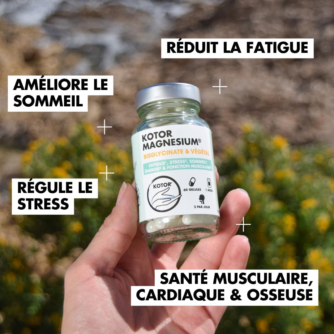 Magnesium Bisglycinate | 100% Natural | Fatigue, Stress, Sleep, Sport + Sea Lettuce + Vitamin B6 + Taurine | 60 Capsules | French | KOTOR PHARMA - Image 3