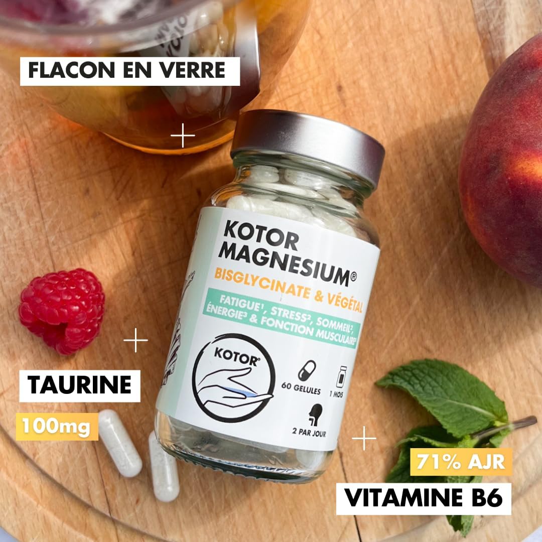 Magnesium Bisglycinate | 100% Natural | Fatigue, Stress, Sleep, Sport + Sea Lettuce + Vitamin B6 + Taurine | 60 Capsules | French | KOTOR PHARMA - Image 7
