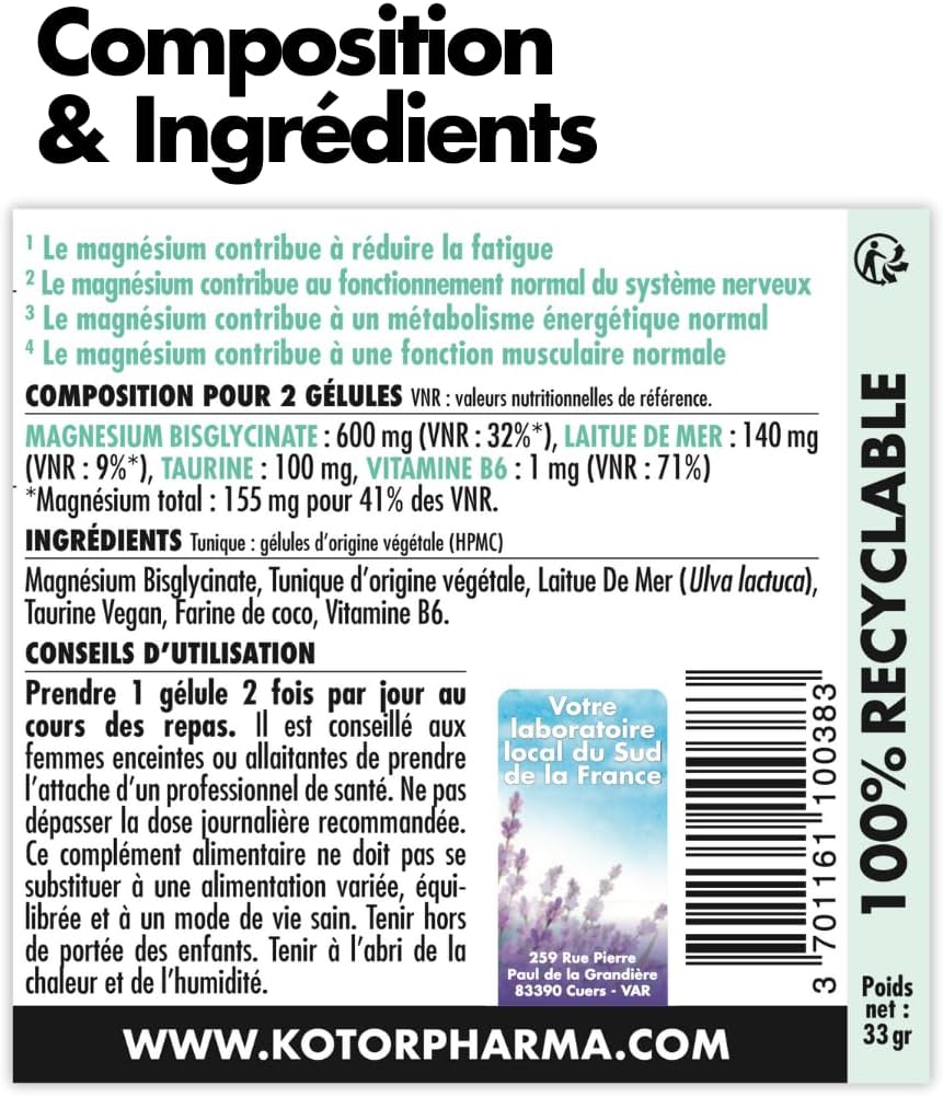 Magnesium Bisglycinate | 100% Natural | Fatigue, Stress, Sleep, Sport + Sea Lettuce + Vitamin B6 + Taurine | 60 Capsules | French | KOTOR PHARMA - Image 9