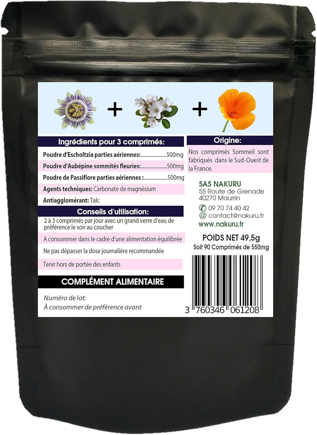 NAKURU | Sleep = Passionflower + Hawthorn + Escholtzia | Relax Range | Made in France | (90 Tablets of 550mg / Net Weight: 49.5g) - Image 3