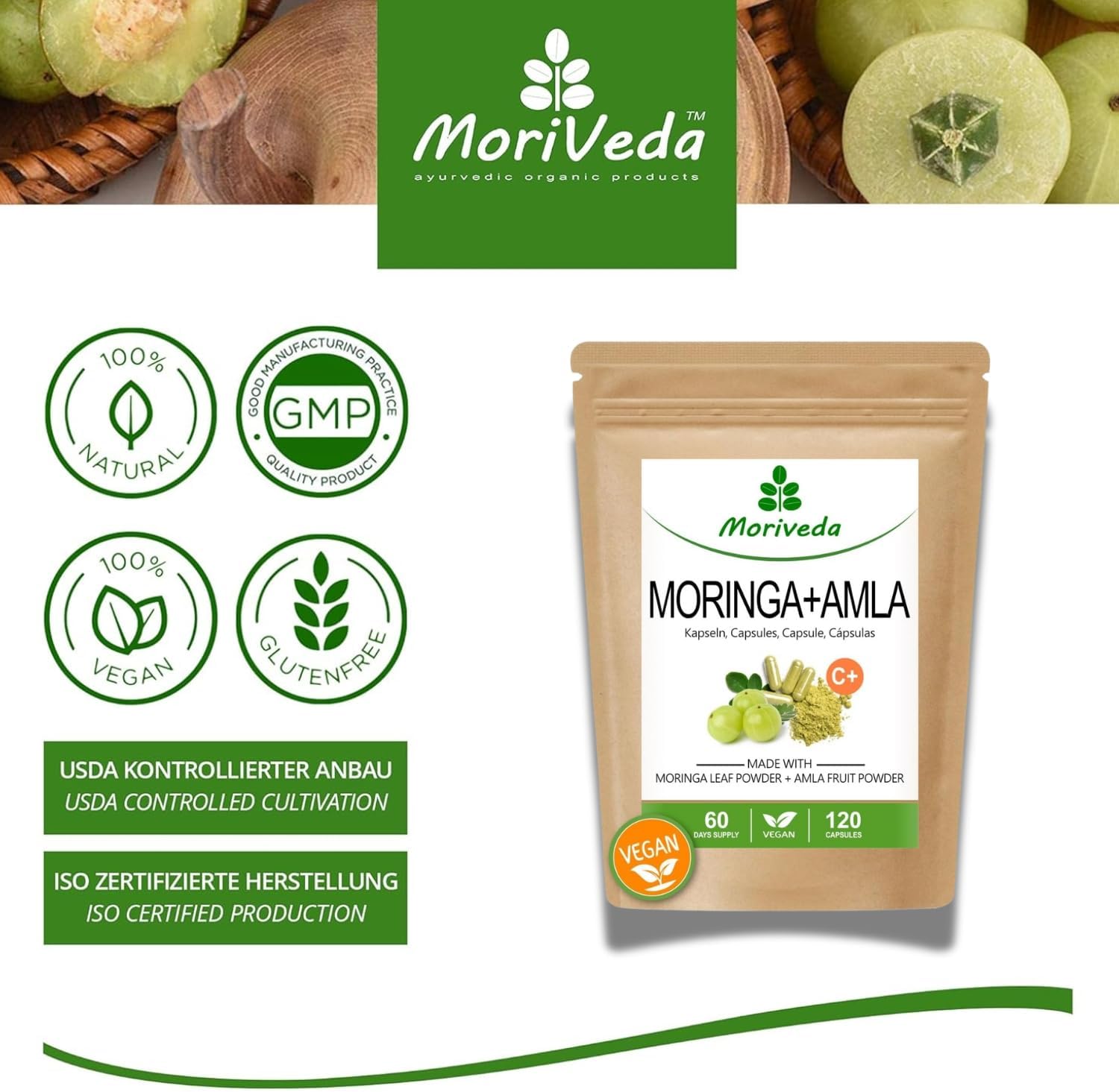 Moringa+Amla capsules 600mg - immune system and energy - 2 months supply - high dose, moringa- and amla powder - vitamin C - vegan and gluten free - 120 capsules per MoriVeda - Image 4