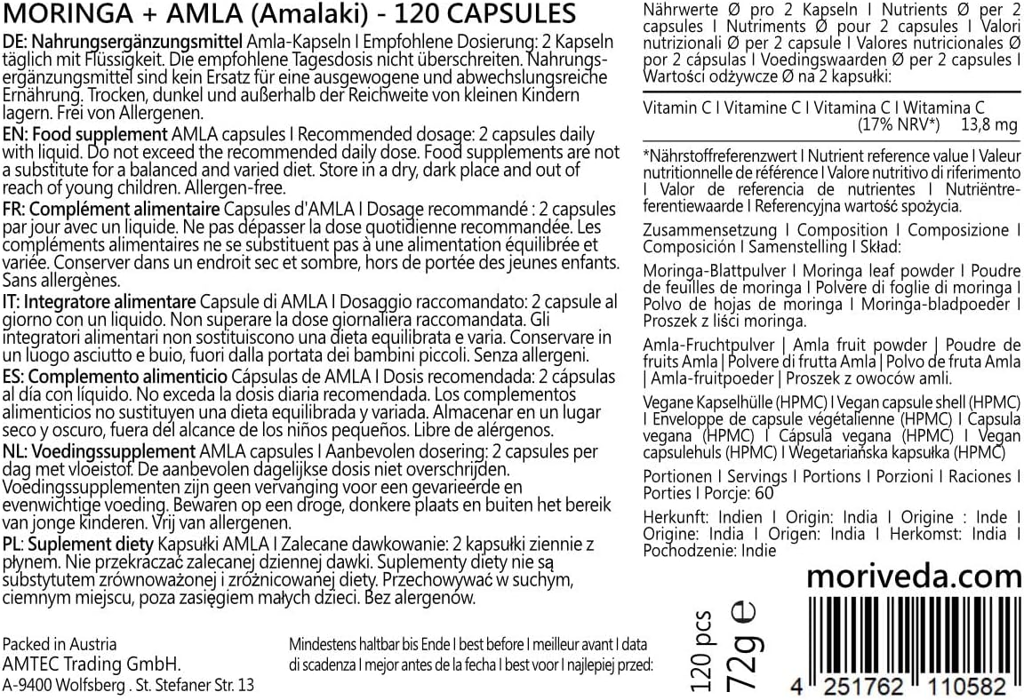 Moringa+Amla capsules 600mg - immune system and energy - 2 months supply - high dose, moringa- and amla powder - vitamin C - vegan and gluten free - 120 capsules per MoriVeda - Image 8