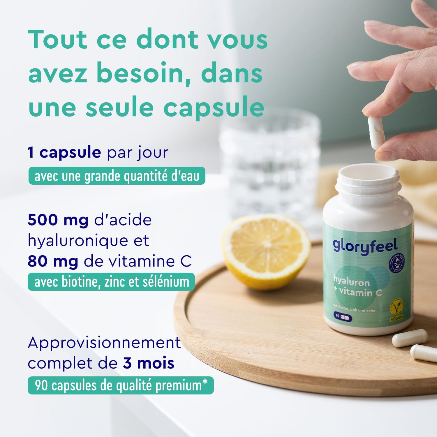 Patented Hyaluronic Acid with Vitamin C, Biotin, Selenium + Zinc, for the Immune System, Skin, Hair and Nails*, Sodium Hyaluronate, 90 Capsules for 3 Months, No Additives - Image 3