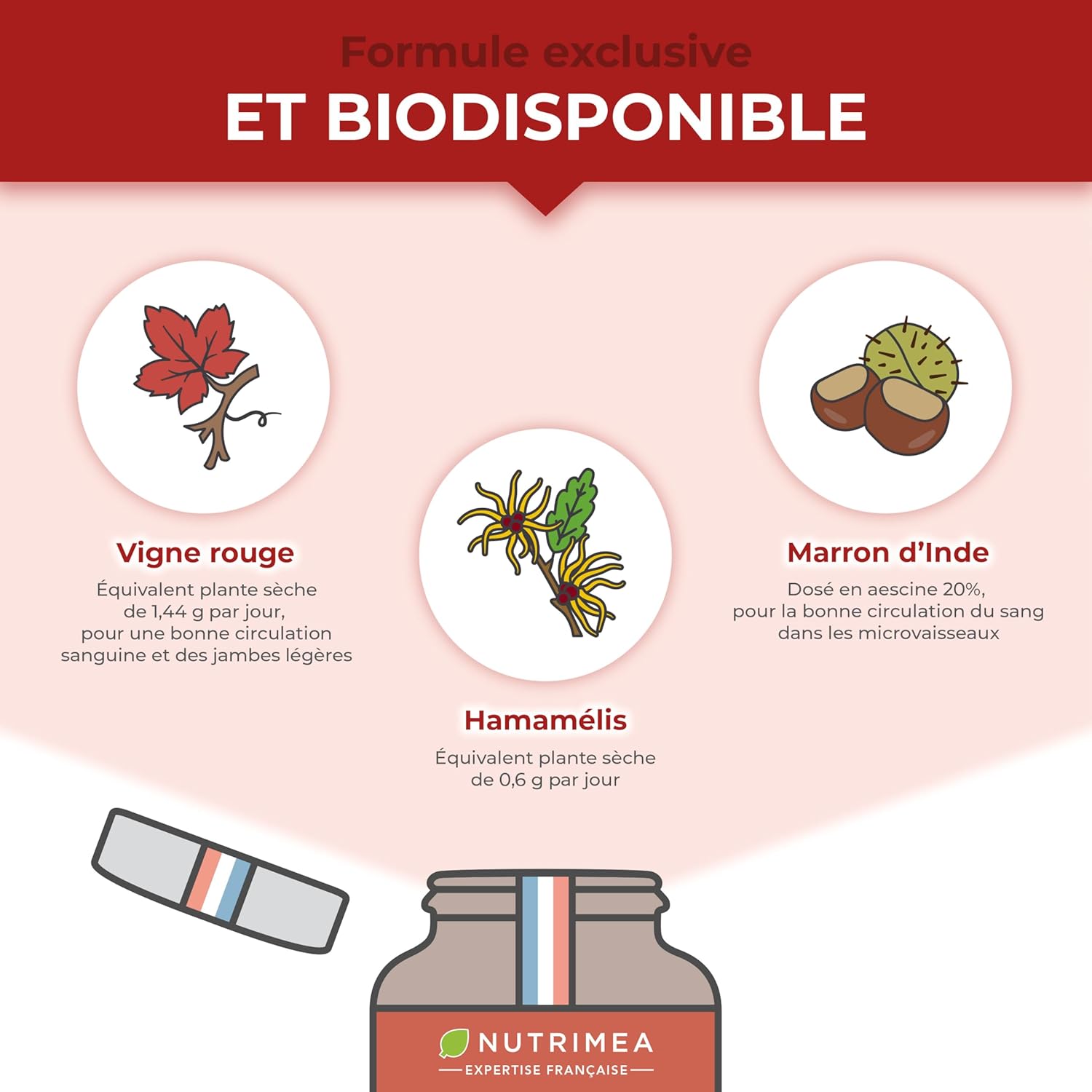 Blood Circulation Legs – Lymphatic Drainage – Red, Horse Brown and Hamamelis – Against Heavy Legs – 100% Natural – 90 Vegan Capsules – Nutrimea – Made in France - Image 5