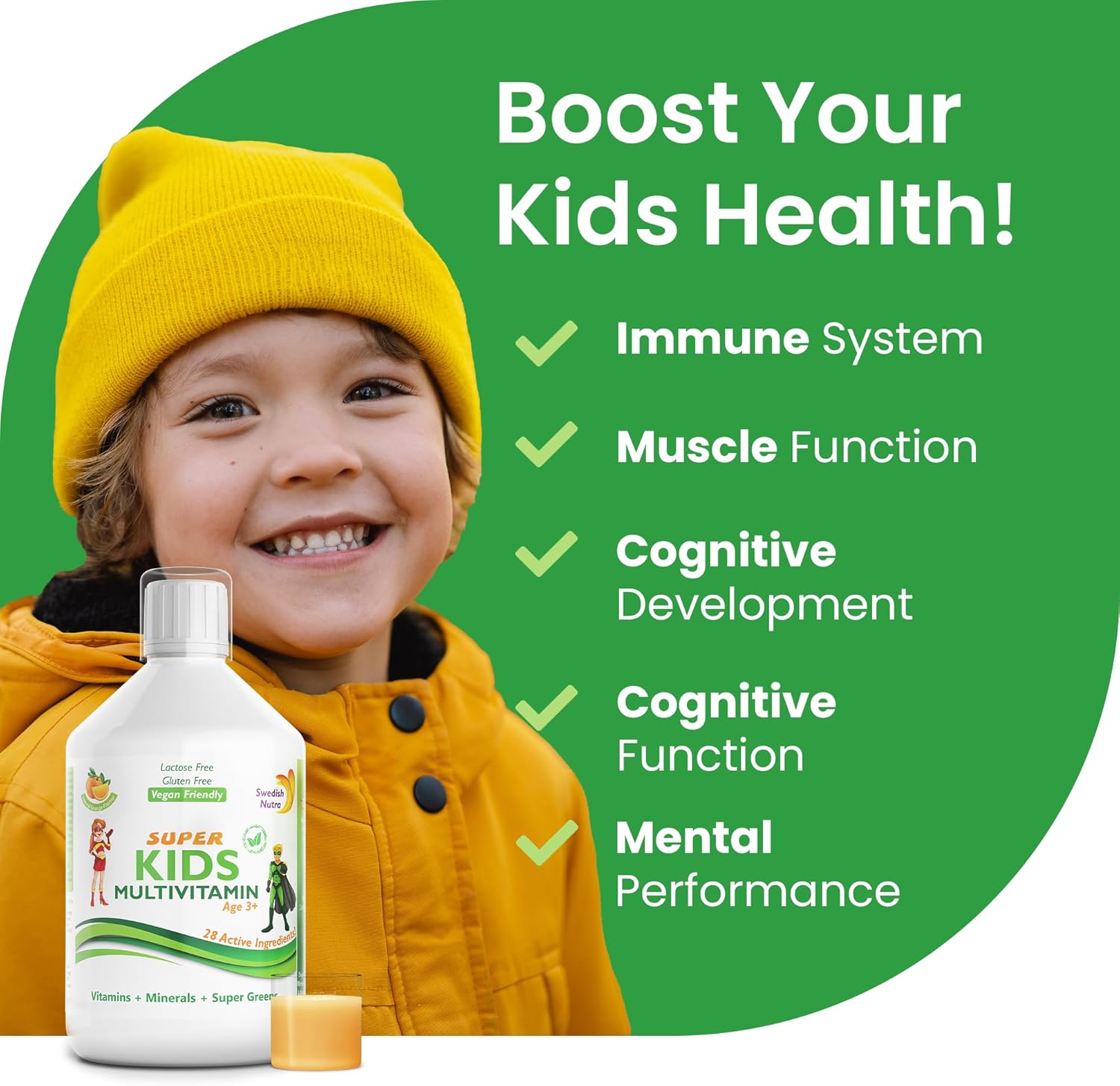 Swedish Nutra Liquide multivitaminé pour enfants - Paquet de 500 ml, approvisionnement de 33 jours | Saveur d'orange avec 28 ingrédients actifs | Arôme 100% naturel | Taux d'absorption élevé - Image 4