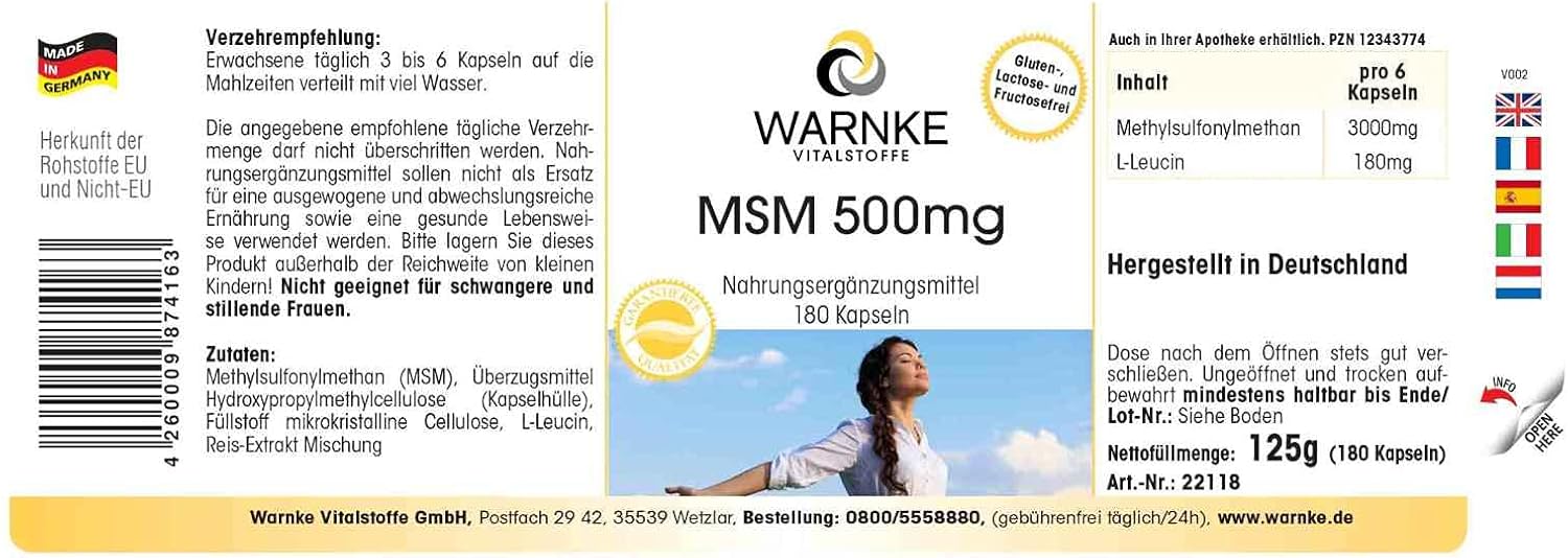 MSM 500mg - 180 capsules - Methyl Sulfonyl Methane | Warnke Vitalstoffe - Quality from German pharmacies - Image 3