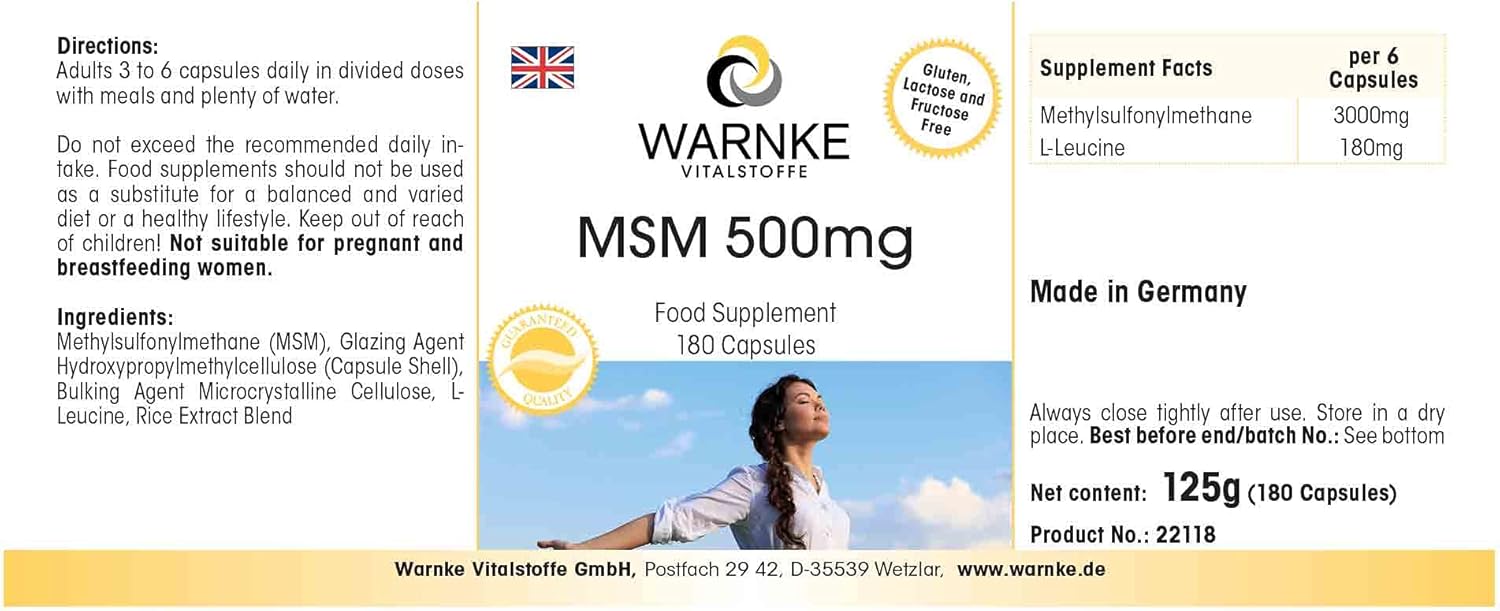 MSM 500mg - 180 capsules - Methyl Sulfonyl Methane | Warnke Vitalstoffe - Quality from German pharmacies - Image 4