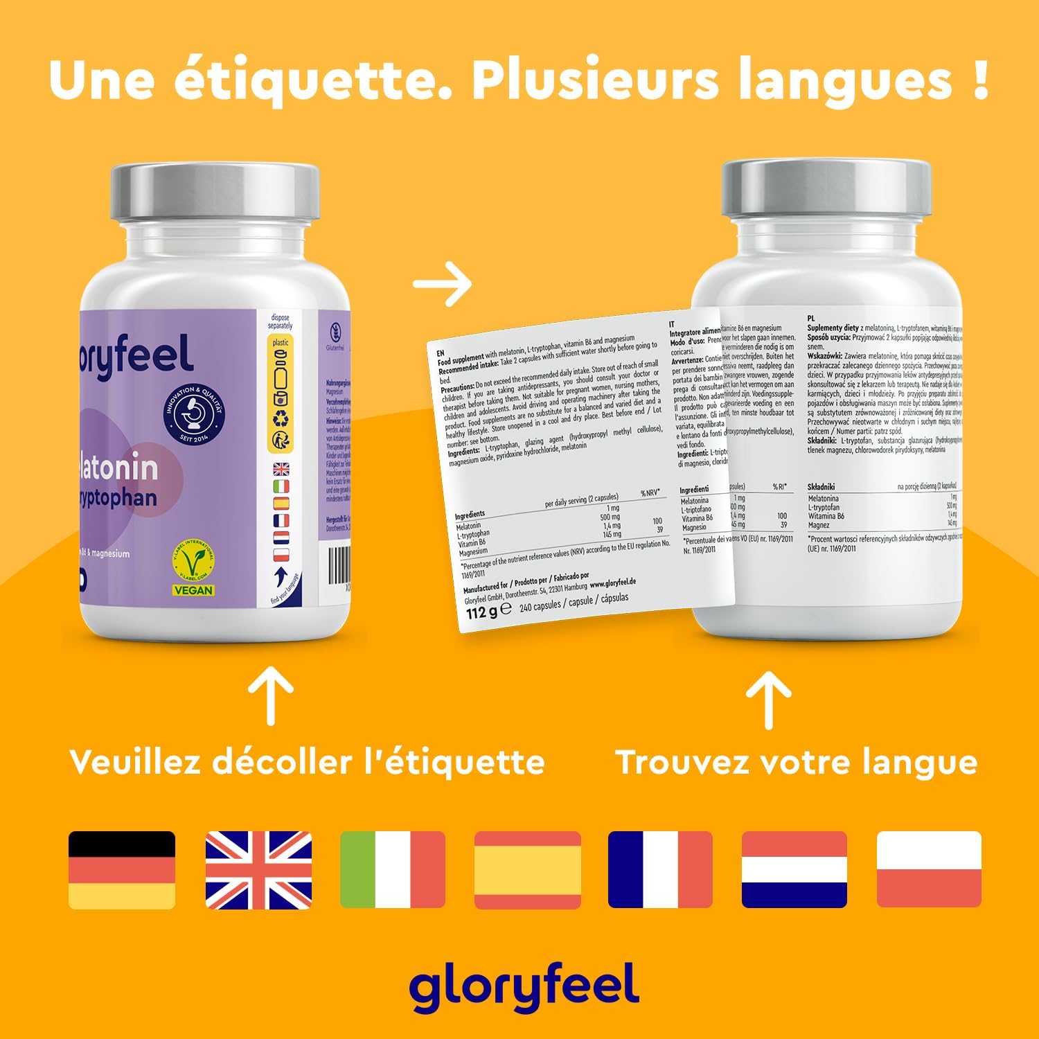 Melatonin + L-Tryptophan Complex 500 mg, Vitamin B6 with Magnesium, 240 Capsules (4 months), Natural Sleep Aid, Relaxing Tryptophan, Against Fatigue and Exhaustion*, 100% Vegan - Image 7