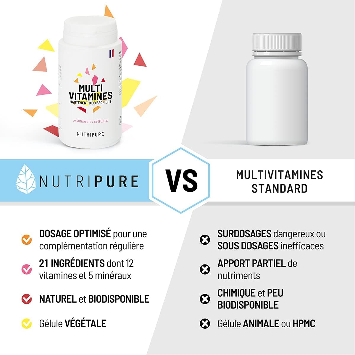 Nutripure | Multivitamins and Minerals 21 Nutrients | Food Supplement | Magnesium, Vitamin B12, Vitamin D, Zinc | Antioxidant, Cognitive, Vision | 60 Capsules | 1 Month | Made in France - Image 3