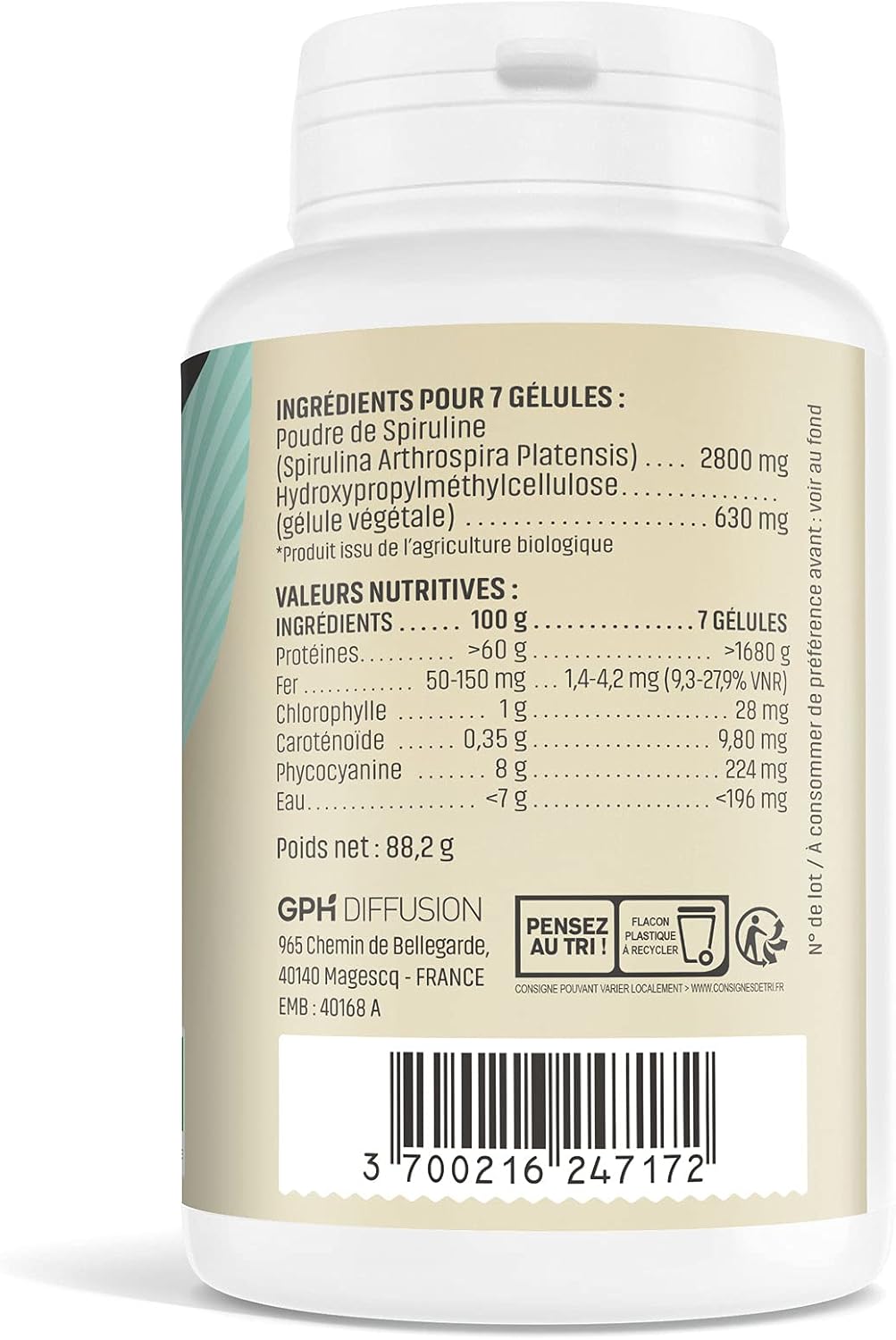 Spirulina Bio 180 Vegetable Capsules 400 mg - Herbes Et Plantes - Image 4