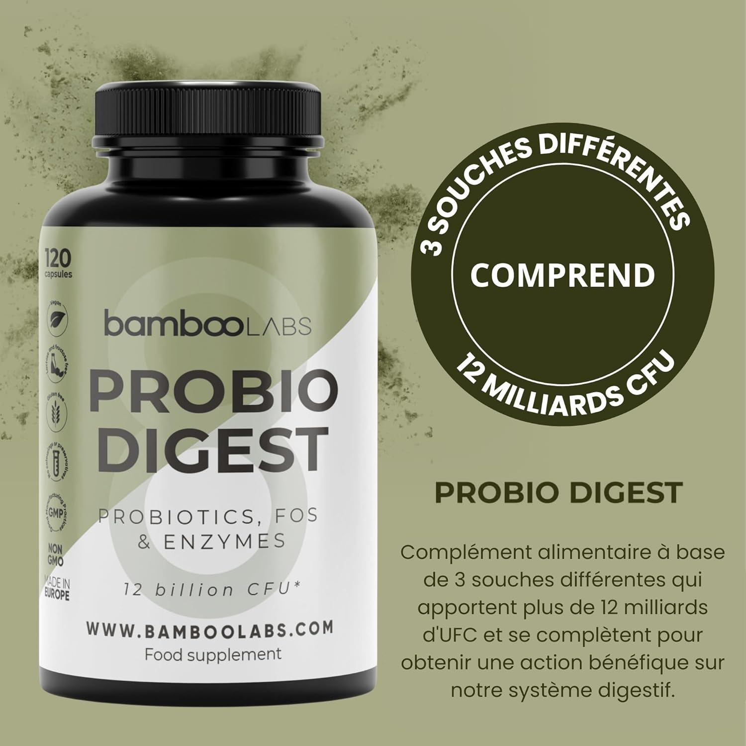 Bamboo Labs - 120 Probiotic and Prebiotic Intestinal Capsules that Strengthen the Digestive System and Intestinal Microbiota, 3 Strains with +12 Billion CFUs + Digestive Enzyme Complex - Image 3