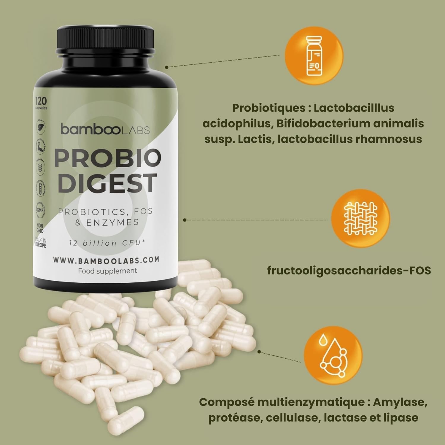 Bamboo Labs - 120 Probiotic and Prebiotic Intestinal Capsules that Strengthen the Digestive System and Intestinal Microbiota, 3 Strains with +12 Billion CFUs + Digestive Enzyme Complex - Image 4