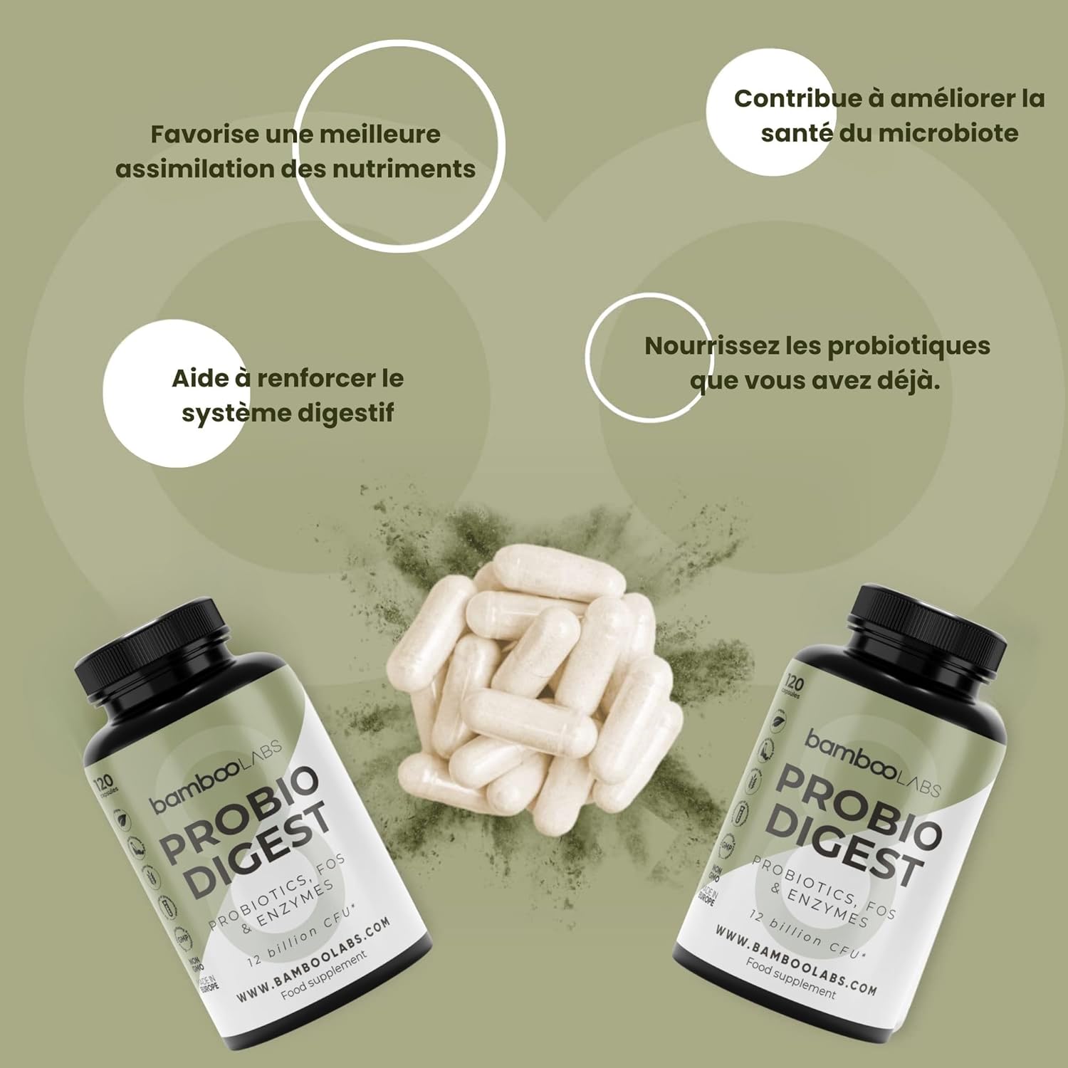 Bamboo Labs - 120 Probiotic and Prebiotic Intestinal Capsules that Strengthen the Digestive System and Intestinal Microbiota, 3 Strains with +12 Billion CFUs + Digestive Enzyme Complex - Image 5