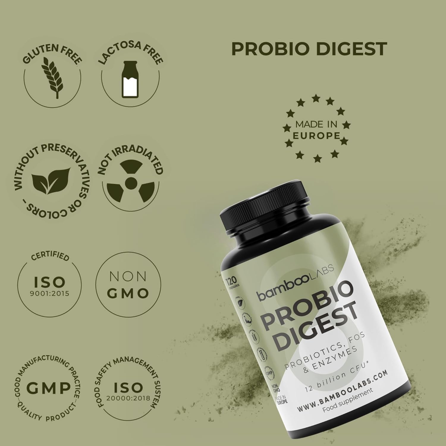 Bamboo Labs - 120 Probiotic and Prebiotic Intestinal Capsules that Strengthen the Digestive System and Intestinal Microbiota, 3 Strains with +12 Billion CFUs + Digestive Enzyme Complex - Image 6