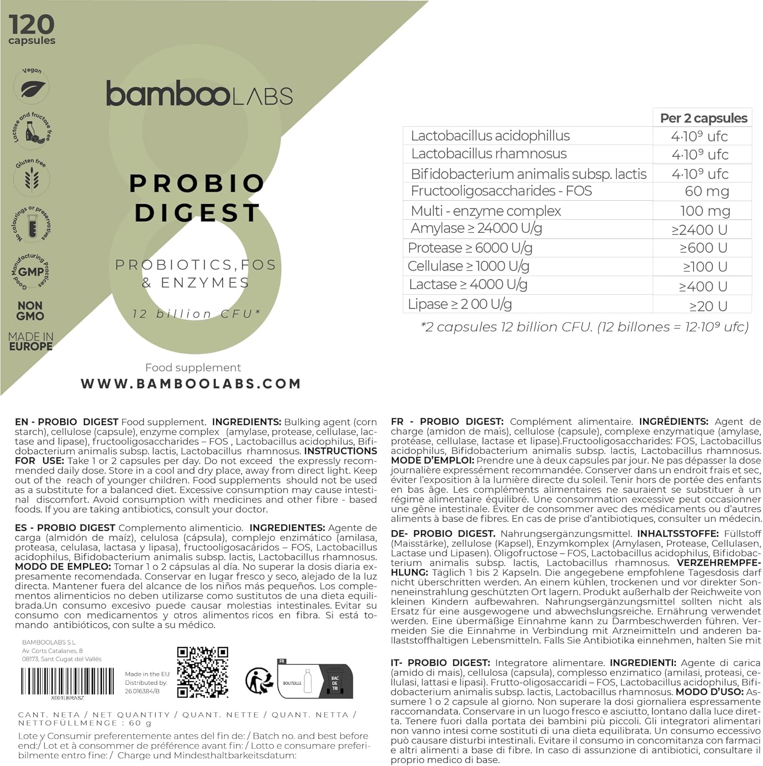 Bamboo Labs - 120 Probiotic and Prebiotic Intestinal Capsules that Strengthen the Digestive System and Intestinal Microbiota, 3 Strains with +12 Billion CFUs + Digestive Enzyme Complex - Image 7