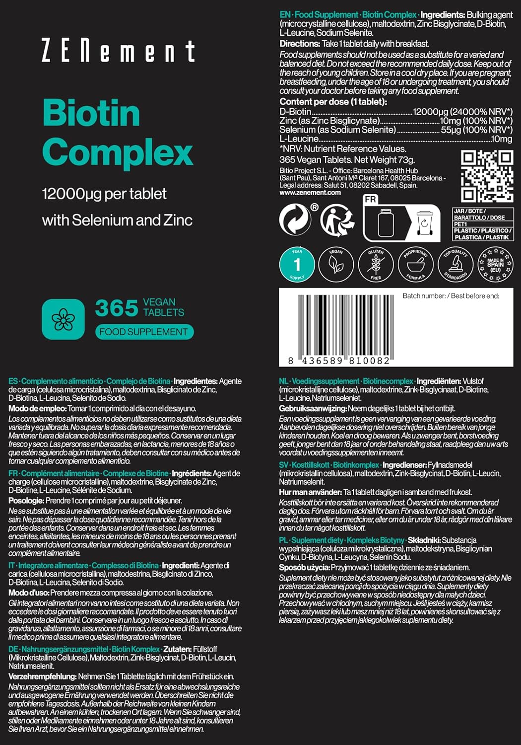 Biotin Hair 12000 mcg High Dose with Zinc and Selenium - 365 Vegan Tablets (1 Year Sure) - Nutritional Supplement Hair, Skin and Nails - Biotin Complex Zenement - Image 5